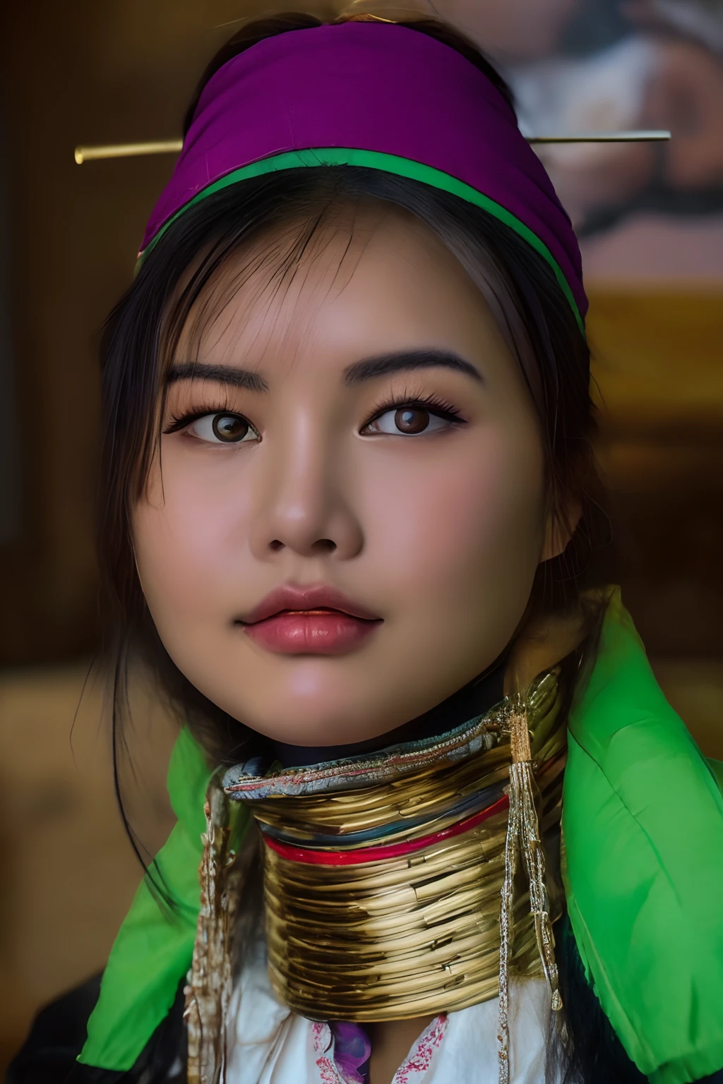a close up of a woman wearing a neck piece and a headband, traditional beauty, south east asian with round face, asian face, 50mm portrait, asian woman, oriental face, 7 0 mm portrait, an asian woman, close - up portrait shot, 60mm portrait, traditional makeup, mid shot portrait, closeup portrait shot, a young asian woman