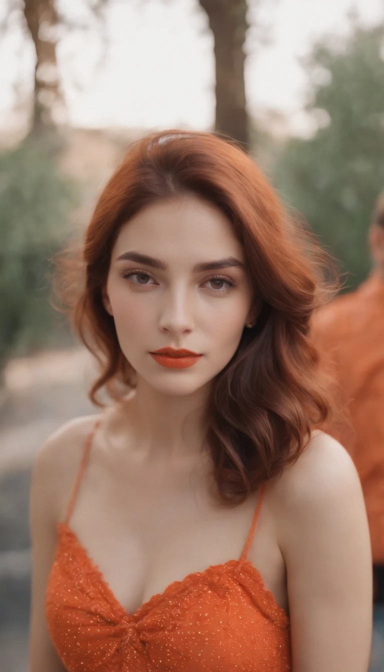 El retrato de una mujer joven con cabello rojo rizado y falda de lunares, en el estilo de naranja claro y turquesa, Degradados de color vibrantes, Playful expressions, normcore, vibrante y texturizado, 1970–present, brillante