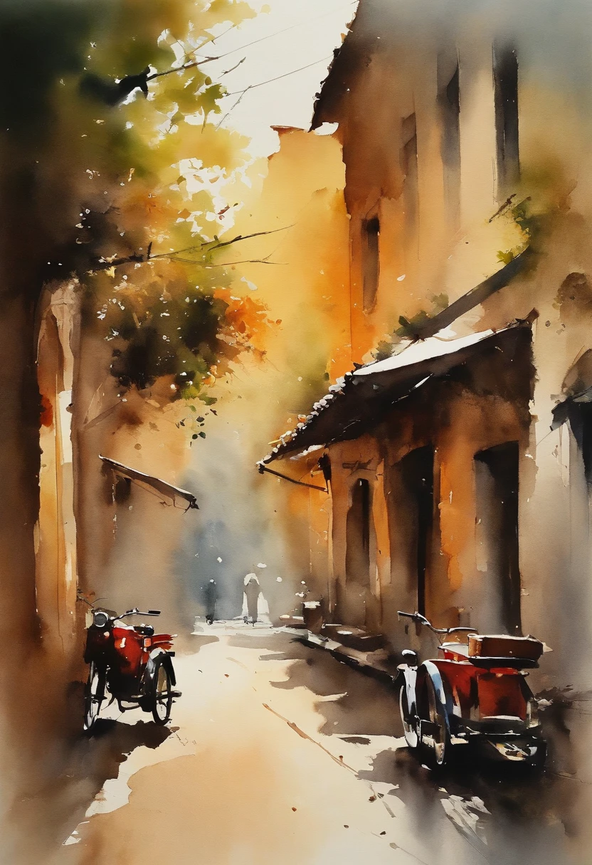 aquarelle，Aquarell-Paiting，Josef Zbukvic，Stilisierte，Seien Sie ausdrucksstark，artist:Josef Zbukvic，Kunstatelier，artist:Ganesh-Verleih ，artist:Herman Pekel，artist:Tim Wilmot，enge Gasse in Hanoi Herbstsonne von der Seite, Shadows on the road