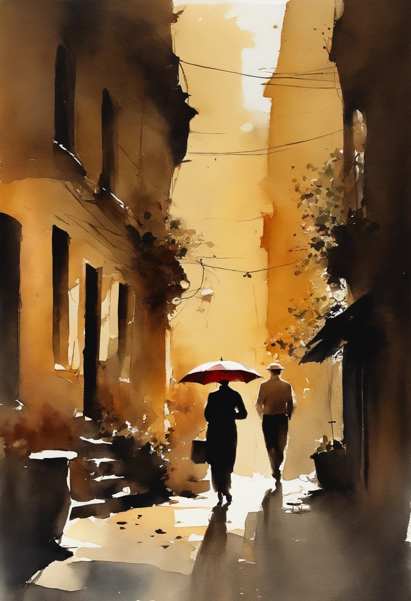 aquarelle,Aquarell-Paiting,Josef Zbukvic,Stilisierte,Seien Sie ausdrucksstark,artist:Josef Zbukvic,Kunstatelier,artist:Ganesh-Verleih ,artist:Herman Pekel,artist:Tim Wilmot,enge Gasse in Hanoi Herbstsonne von der Seite, Shadows on the road