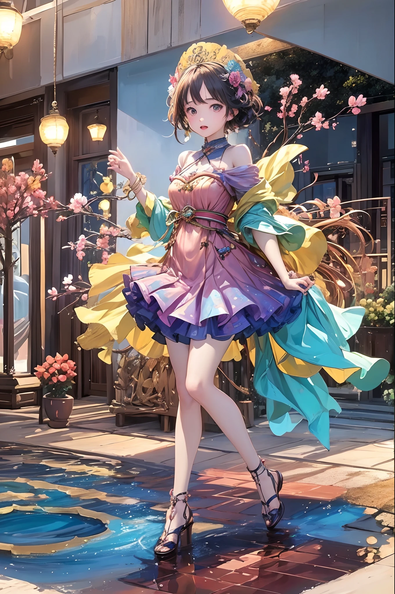 (masterpiece、top-quality、Official art:1.2)、(colourfull)、see the beholder、1girl in、portlate、独奏、Colorful water levitation