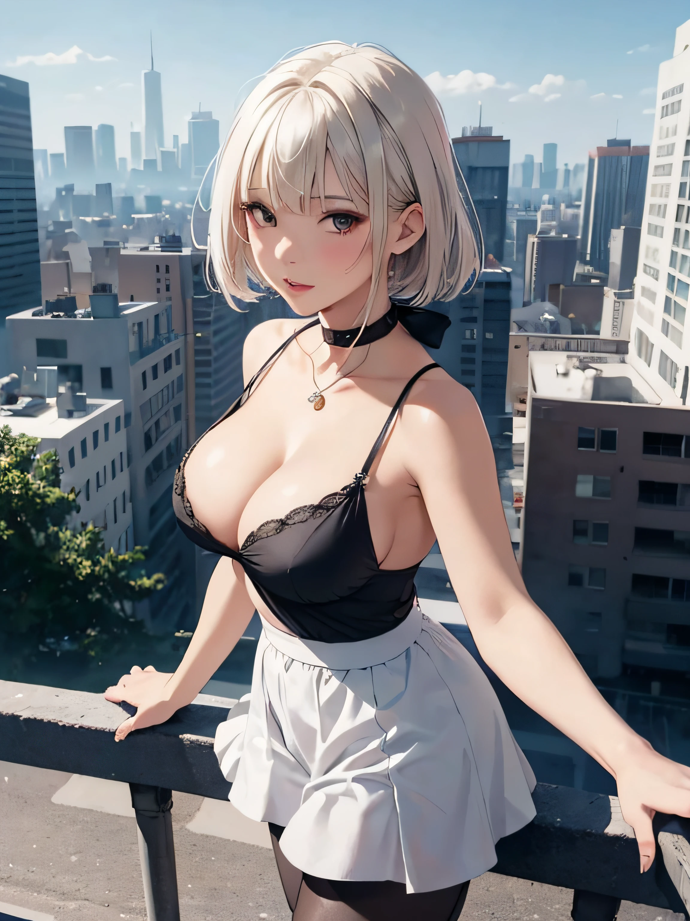 girl in summer clothes, white short, black pantyhose, making like she wants to kiss you, view from viewer, medium breasts, cleavage, cityscape, flirtatious look, ((very detailed)), (perfectly detailed face), (well detailed hand) photorealistic image.