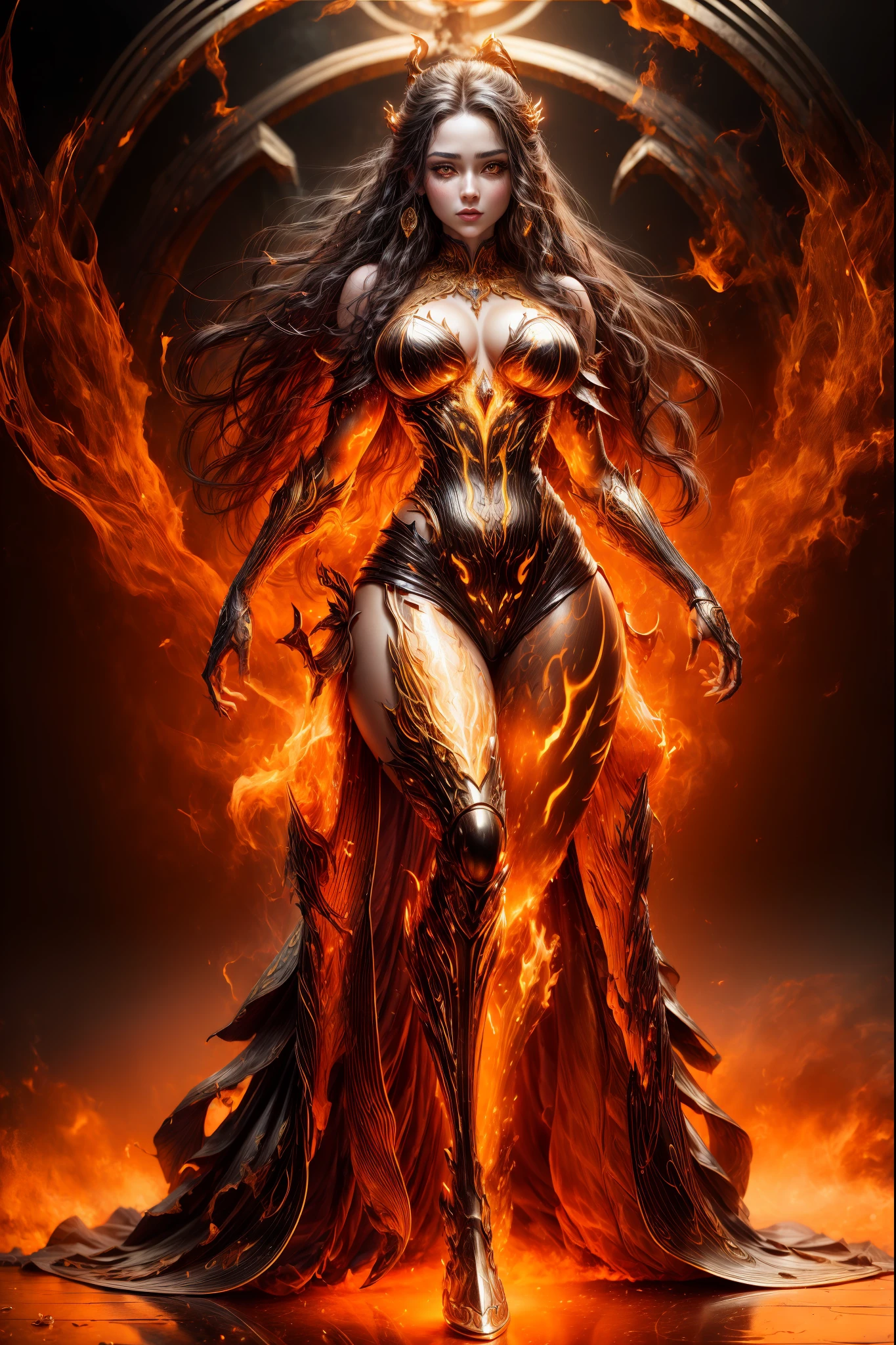 This is a realistic fantasy artwork prominently featuring realistic fire, including wisps of flames, glowing hot embers, subtle curls of smoke, and a beautiful fire succubus. The succubus stands in the midst of a raging inferno with an interesting composition. Her face is expertly sculpted, with elegant and refined features and perfect shading and realistic skin texture. Her (orange and gold eyes) are stunning and are the focal point of this image. (Her eyes extremely detailed, beautiful detailed eyes, and macro). Her eyes feature intricate detailing with clearly defined irises and bright sclera. Her soft lips are smooth and very puffy, and her skin is adorned with a light flush and ornate fire detailing. Her long gown is stunning and expensive, and is made of pure flames and glittering, ornate jewels that glimmer in the fire light. Her billowing gown glitters from the flames and features a delicately and intricately embroidered bodice with wisps of flames running across it. Include fantasy elements like bumps, stones, fiery iridescence, glowing embers, silk, and an interesting background. Include fiery magical creatures such as fiery birds and fiery butterflies that give off a magical and mystical aura. Lighting: Utilize the latest trends in lighting to enhance the artwork's beauty. Camera: Utilize dynamic composition to create a sense of urgency and excitement. Take inspiration from the current masters of the fantasy genre, including trending artists on Artstation and Midjourney. ((masterpiece))