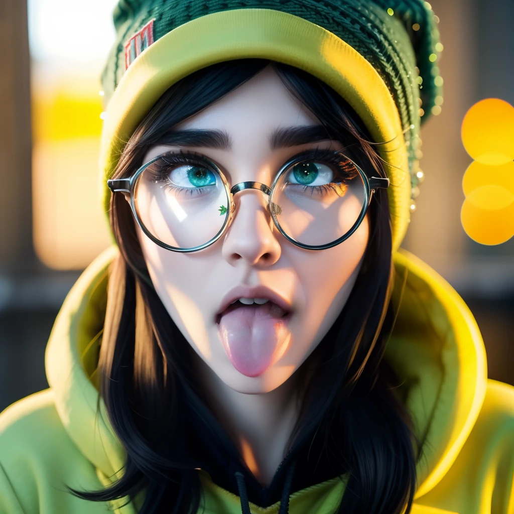 killjoy valorant, focused upper body, one girl wearing perfect glasses and green beanie hat, yellow hoodie, sparkling brown eyes, nice perfect face with soft skin, intricate detail, 8k resolution, masterpiece, 8k resolution photorealistic masterpiece, professional photography, natural lighting, detailed texture,