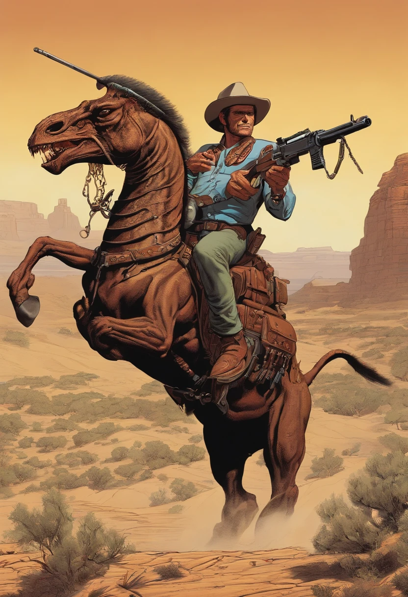 there is a man riding a scorpion with a gun in his hand, awesome, style jean giraud, skeleton cowboy, strong and aggressive, inspired by Ed Roth, venture brothers, monstrous ant, nychos art aesthetic, inspired by Ravi Zupa, inspired by Heinrich Kley, nychos, barlowe wayne, am a jean giraud, jean giraud 8 k