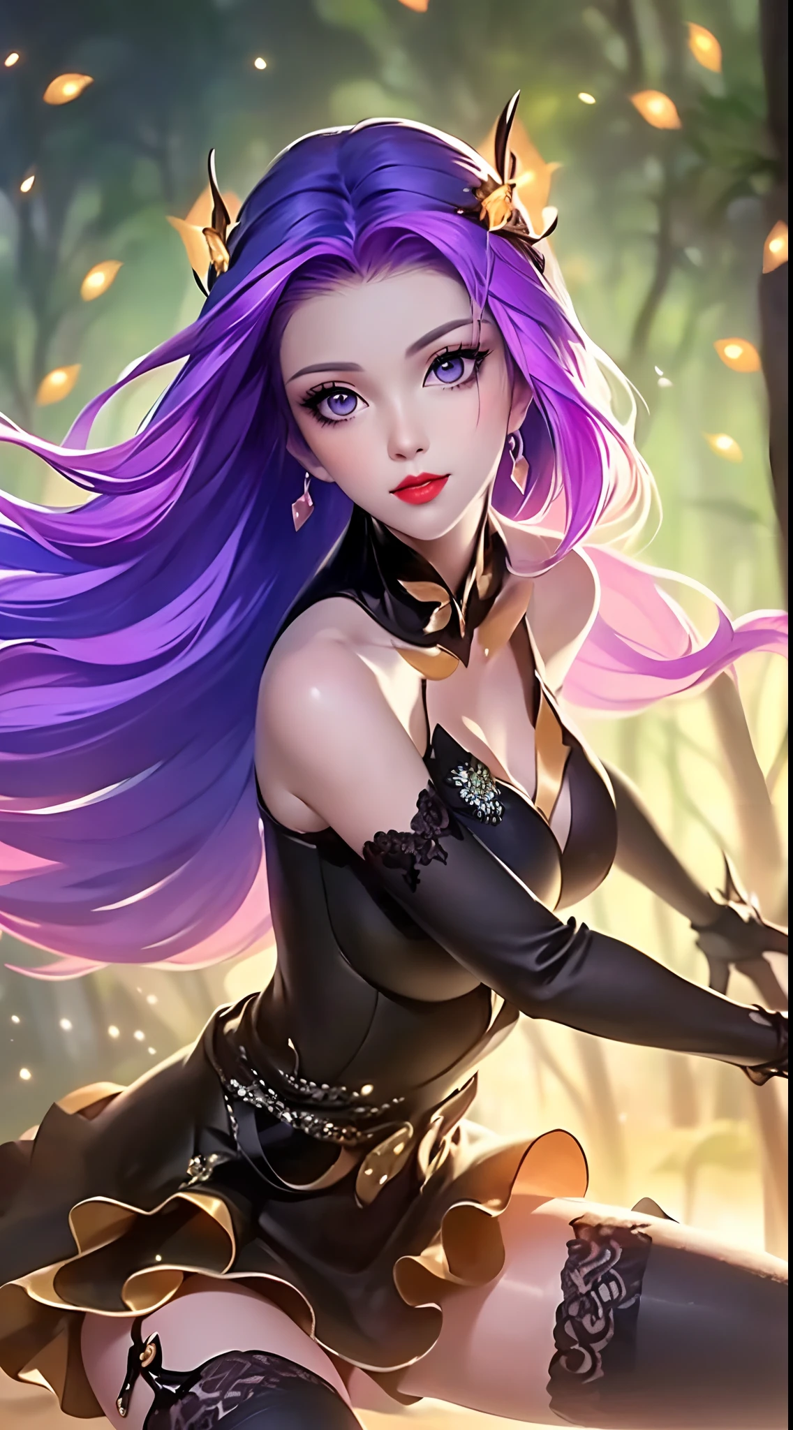 1 beautiful and sexy 20 year old girl, ((wearing a super purlpe dress:1.6)), ((a dress with diamonds:1.7)), ((long purple hair:1.6)), jewelry elaborately made from precious stones and beautiful hair, ((A thin red silk scarf covers half of the face:1.5)), (((wearing a thin light purple silk mask:1.5))), the noble, noble style of an extremely beautiful girl, her small face is super cute, her face is very pretty, thin eyebrows, flawless beautiful face, ((black eye pupils: 0.8)), very beautiful eyes, ((purple eyes: 1.6)), (((big round eyes:1.6))), nice makeup and hair detailed eyelashes, steamy eye makeup, high nose, earrings, red lips, ((smile without teeth: 1.6)), beautiful lips, slim hands, most beautiful thighs, ((arms spread out to the sides: 1.5)), rosy face, flawless beautiful face, smooth white skin, (big breasts: 1.5)), ((high breasts: 1.6)), tight breasts, beautiful cleavage, (((big breasts and super round: 1.8))), ((super tight breasts: 1.7)) , beautiful breasts, perfect body, back arms, chest out, ((thin black mesh stockings with black lace trim:1.5)), ((sitting position with chest up and arms behind: 1.6)), ((open your legs:1.2)), don't be shy, 8k photo, super high quality, super realistic, super 10x pixels, optical, bright studio, bright edges, dual-tone lighting, (high-detail skin:1.2), super 8k, soft lighting, high quality, volumetric lighting, photorealistic, photorealistic high resolution, lighting, best photo, 4k, 8k quality, blur effect, smooth sharp, 10 x pixel, ((Beach at night and fireflies background:1.5)), aurora, lightning, super graphics realistic, most realistic graphics, 1 girl, alone, solo, Extremely sharp image, surreal, (((frontal portrait: 1.5)))."