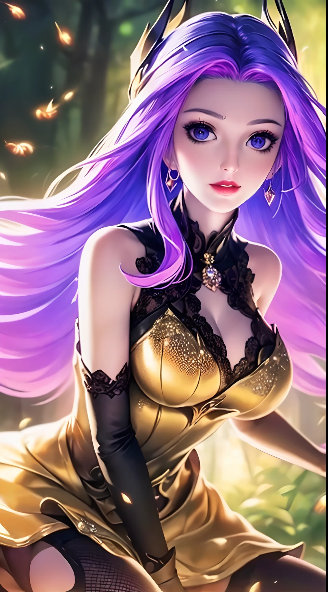 1 beautiful and sexy 20 year old girl, ((wearing a super purlpe dress:1.6)), ((a dress with diamonds:1.7)), ((long purple hair:1.6)), jewelry elaborately made from precious stones and beautiful hair, ((A thin red silk scarf covers half of the face:1.5)), (((wearing a thin light purple silk mask:1.5))), the noble, noble style of an extremely beautiful girl, her small face is super cute, her face is very pretty, thin eyebrows, flawless beautiful face, ((black eye pupils: 0.8)), very beautiful eyes, ((purple eyes: 1.6)), (((big round eyes:1.6))), nice makeup and hair detailed eyelashes, steamy eye makeup, high nose, earrings, red lips, ((smile without teeth: 1.6)), beautiful lips, slim hands, most beautiful thighs, ((arms spread out to the sides: 1.5)), rosy face, flawless beautiful face, smooth white skin, (big breasts: 1.5)), ((high breasts: 1.6)), tight breasts, beautiful cleavage, (((big breasts and super round: 1.8))), ((super tight breasts: 1.7)) , beautiful breasts, perfect body, back arms, chest out, ((thin black mesh stockings with black lace trim:1.5)), ((sitting position with chest up and arms behind: 1.6)), ((open your legs:1.2)), don't be shy, 8k photo, super high quality, super realistic, super 10x pixels, optical, bright studio, bright edges, dual-tone lighting, (high-detail skin:1.2), super 8k, soft lighting, high quality, volumetric lighting, photorealistic, photorealistic high resolution, lighting, best photo, 4k, 8k quality, blur effect, smooth sharp, 10 x pixel, ((Beach at night and fireflies background:1.5)), aurora, lightning, super graphics realistic, most realistic graphics, 1 girl, alone, solo, Extremely sharp image, surreal, (((frontal portrait: 1.5)))."