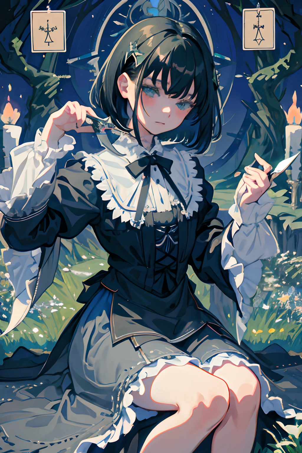 hand between legs,child,(masterpiece,Highest Quality),shortsleeves,Blue-green Gothic Lolita,Sleepy face,A dark-haired,Medium bob,flipped hair,utility knife,Small scissors,Pasture,Aurora,starrysky,dark clouds, Night, (Impressionism:1.4), (tarot:1.3), Alphonse Mucha