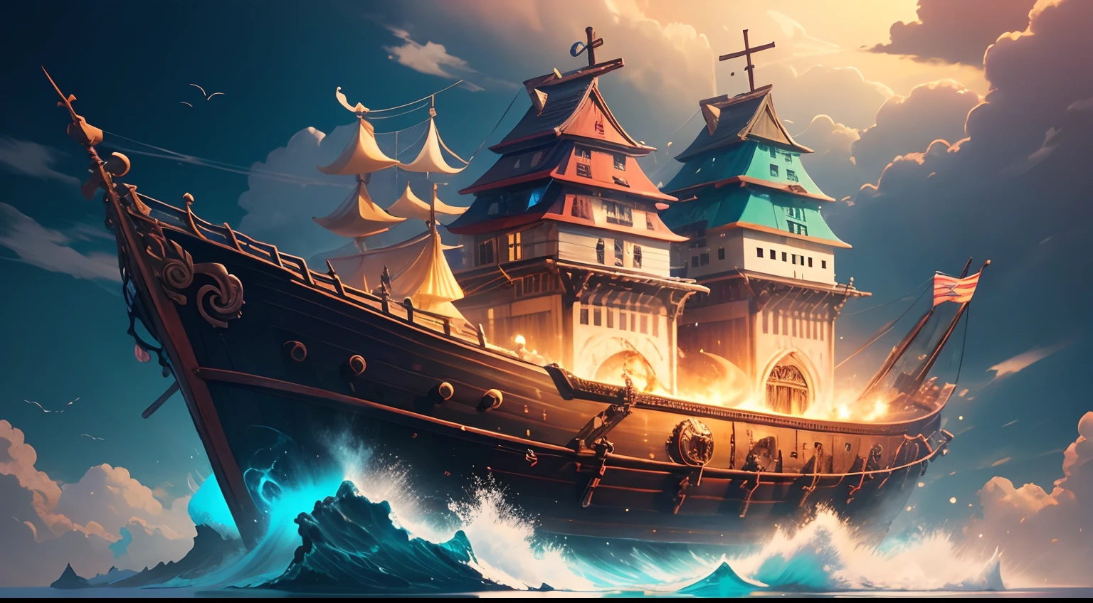 create a colorful image of Noah building God's ark