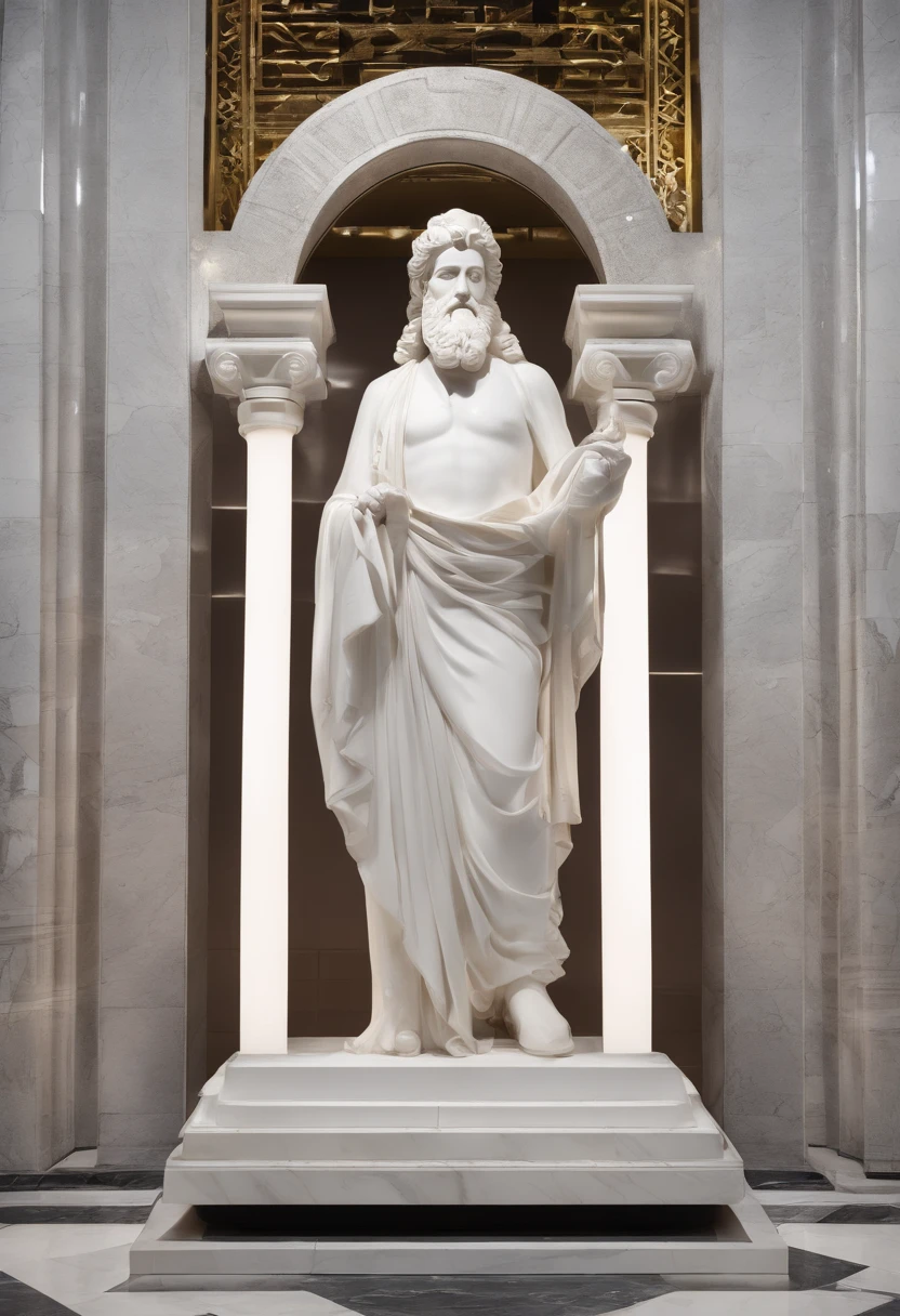 White marble statue full body wise man with the style of bearded Greek philosopher in museum. atmosfera escura, alto contraste de luz e sombra, fotografia profissional, utrarealista, light volumetric, cinemactic