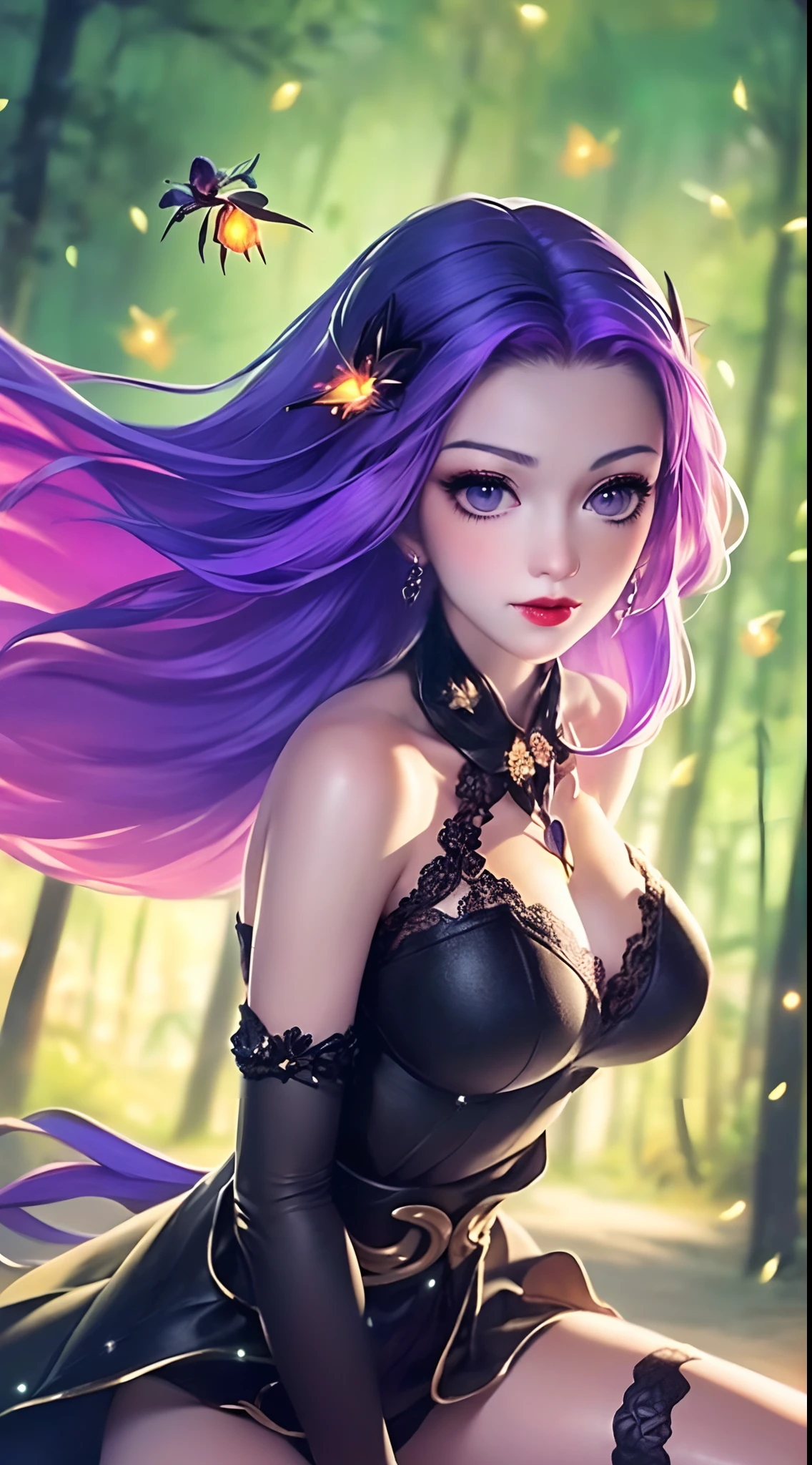 1 beautiful and sexy 20 year old girl, ((wearing a super purlpe dress:1.6)), ((a dress with diamonds:1.7)), ((long purple hair:1.6)), jewelry elaborately made from precious stones and beautiful hair, ((A thin red silk scarf covers half of the face:1.5)), (((wearing a thin light purple silk mask:1.5))), the noble, noble style of an extremely beautiful girl, her small face is super cute, her face is very pretty, thin eyebrows, flawless beautiful face, ((black eye pupils: 0.8)), very beautiful eyes, ((purple eyes: 1.6)), (((big round eyes:1.6))), nice makeup and hair detailed eyelashes, steamy eye makeup, high nose, earrings, red lips, ((smile without teeth: 1.6)), beautiful lips, slim hands, most beautiful thighs, ((arms spread out to the sides: 1.5)), rosy face, flawless beautiful face, smooth white skin, (big breasts: 1.5)), ((high breasts: 1.6)), tight breasts, beautiful cleavage, (((big breasts and super round: 1.8))), ((super tight breasts: 1.7)) , beautiful breasts, perfect body, back arms, chest out, ((thin black mesh stockings with black lace trim:1.5)), ((sitting position with chest up and arms behind: 1.6)), ((open your legs:1.2)), don't be shy, 8k photo, super high quality, super realistic, super 10x pixels, optical, bright studio, bright edges, dual-tone lighting, (high-detail skin:1.2), super 8k, soft lighting, high quality, volumetric lighting, photorealistic, photorealistic high resolution, lighting, best photo, 4k, 8k quality, blur effect, smooth sharp, 10 x pixel, ((Beach at night and fireflies background:1.5)), aurora, lightning, super graphics realistic, most realistic graphics, 1 girl, alone, solo, Extremely sharp image, surreal, (((frontal portrait: 1.5)))."