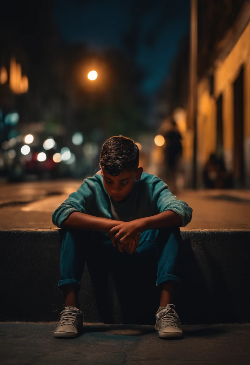 Boy sitting on the sidewalk with his head between his knees,triste cidade a noite,8k