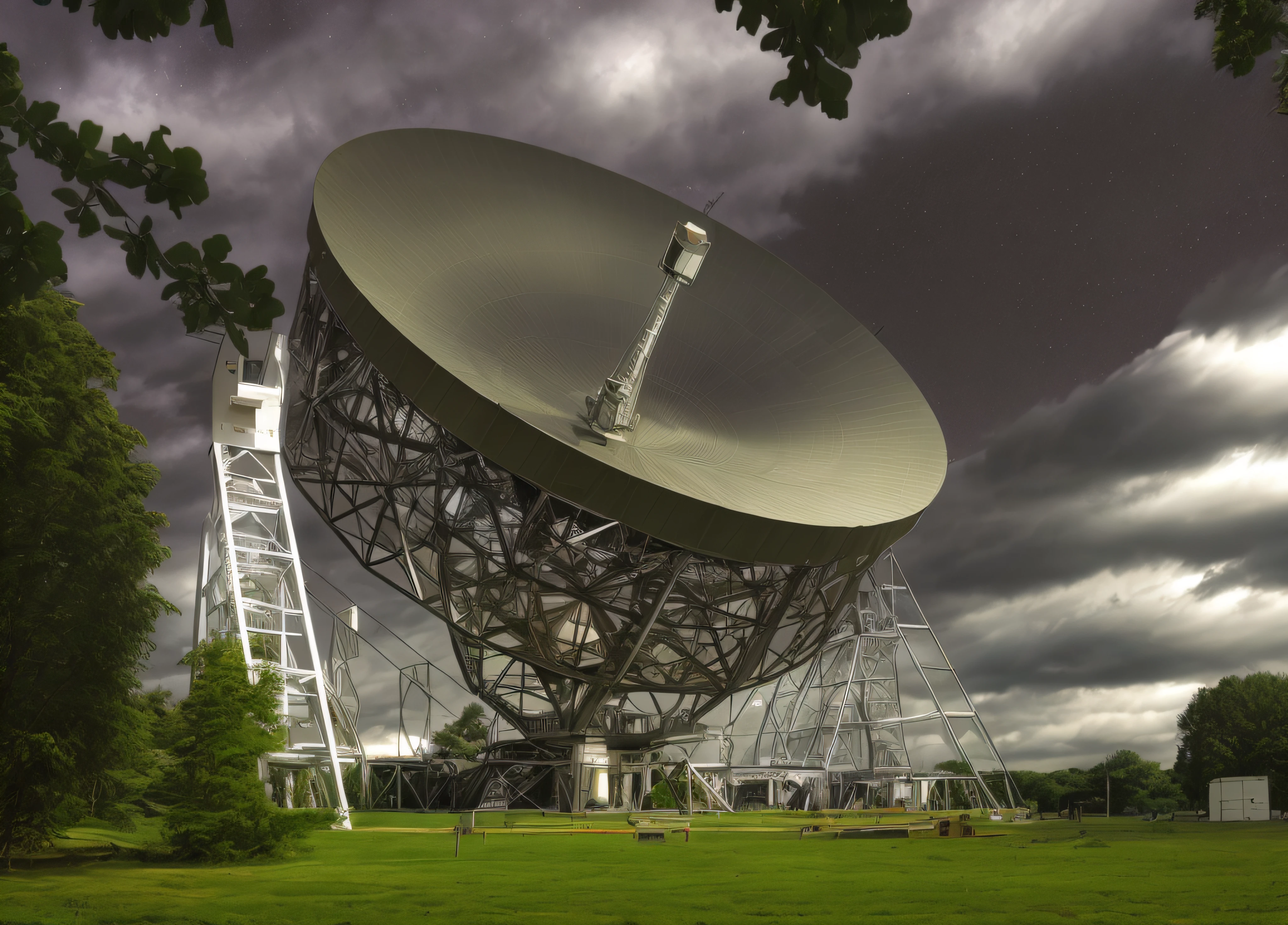 arafed satellite dish in a field with trees and a cloudy sky, radio telescope, big telescope in front, large array, a huge radar, alien antenna, the photo shows a large, space telescope, james web telescope, satellite, habl telescope, antenna, elstree, telescope, dish, is a stunning, dsrl photo, by John Covert
