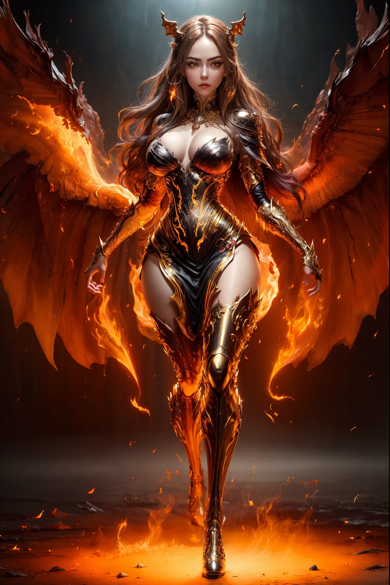 This is a realistic fantasy artwork prominently featuring realistic fire, including wisps of flames, glowing hot embers, subtle curls of smoke, and a beautiful fire succubus. The succubus stands in the midst of a raging inferno with an interesting composition. Her face is expertly sculpted, with elegant and refined features and perfect shading and realistic skin texture. Her (orange and gold eyes) are stunning and are the focal point of this image. (Her eyes extremely detailed, beautiful detailed eyes, and macro). Her eyes feature intricate detailing with clearly defined irises and bright sclera. Her soft lips are smooth and very puffy, and her skin is adorned with a light flush and ornate fire detailing. Her long gown is stunning and expensive, and is made of pure flames and glittering, ornate jewels that glimmer in the fire light. Her billowing gown glitters from the flames and features a delicately and intricately embroidered bodice with wisps of flames running across it. Include fantasy elements like bumps, stones, fiery iridescence, glowing embers, silk, and an interesting background. Include fiery magical creatures such as fiery birds and fiery butterflies that give off a magical and mystical aura. Lighting: Utilize the latest trends in lighting to enhance the artwork's beauty. Camera: Utilize dynamic composition to create a sense of urgency and excitement. Take inspiration from the current masters of the fantasy genre, including trending artists on Artstation and Midjourney. ((masterpiece))