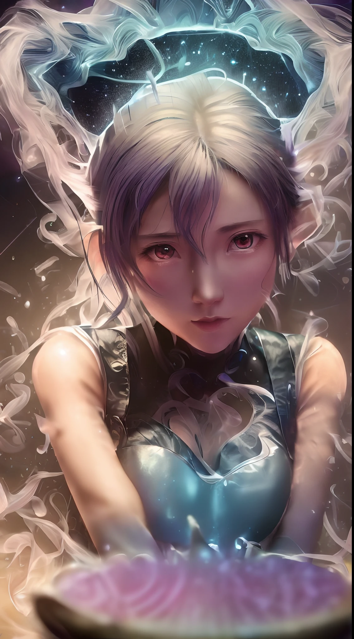 (Best quality, Ultra-detailed, photo-realistic:1.37), Silver-haired woman, Fantastic blue eyes, Happy woman beating eggs with chopsticks, Soft lighting, pink apron, illustration, bangs, Flowing hair, Gentle breeze, Shiny hair, Thick egg whites, Close-up of black stockings, mitts, chef's hat.Blonde hair, Gradient hair, Pink hair, folded ponytail, blue halo, Glowing eyes, Wide eyes, drunk, Anime style, shadowing, back lit lighting, macro photograph, Close-up, first person perspective, head out of frame, hyper HD, High details, Best quality