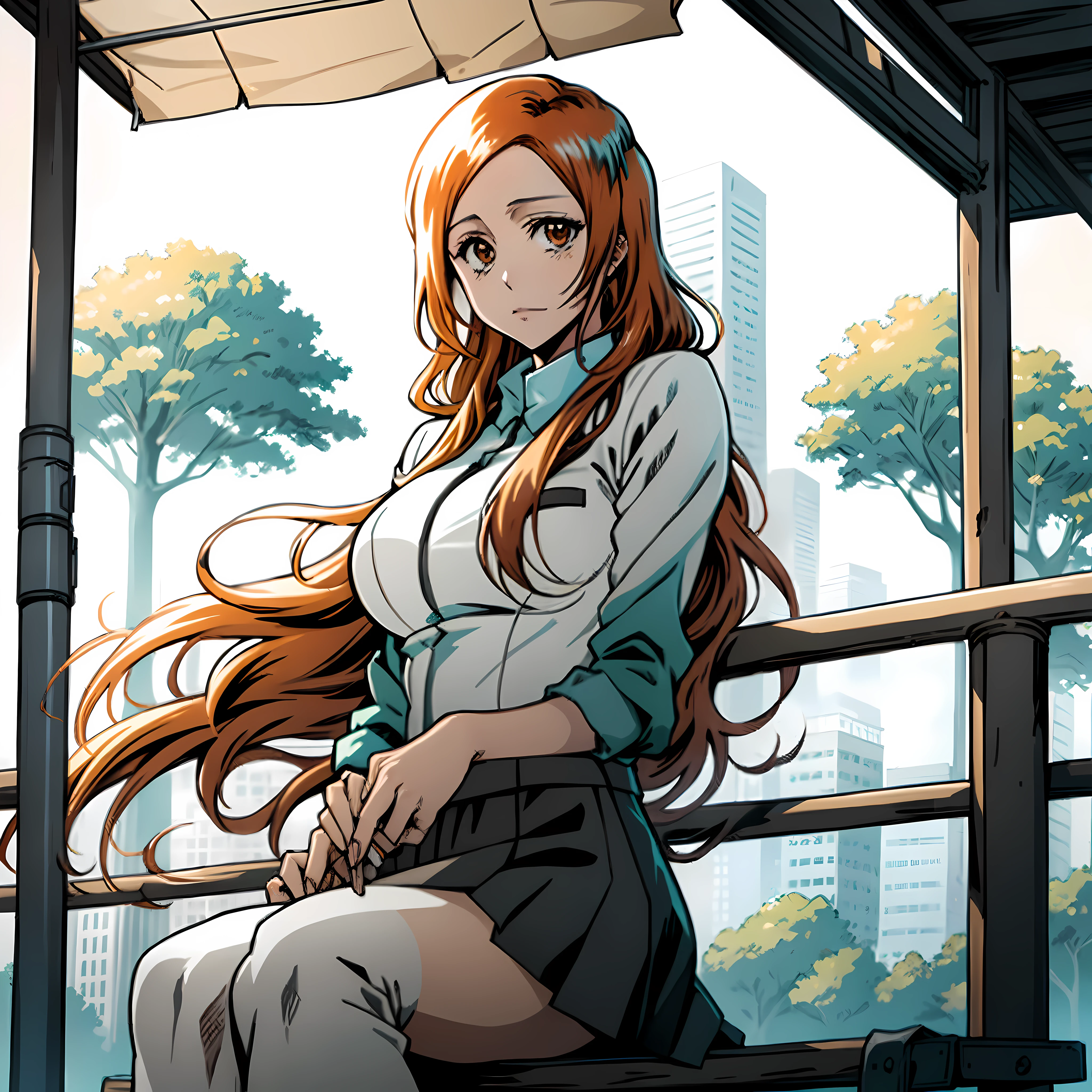 Orihime innoue from "Bleach" Anime, sitting on a park bench, black skirt, Tv Tokyo Animation, Tite Kubo style, Bleach Anime art, (masterpiece), (1girl), (8K), (High Quality)