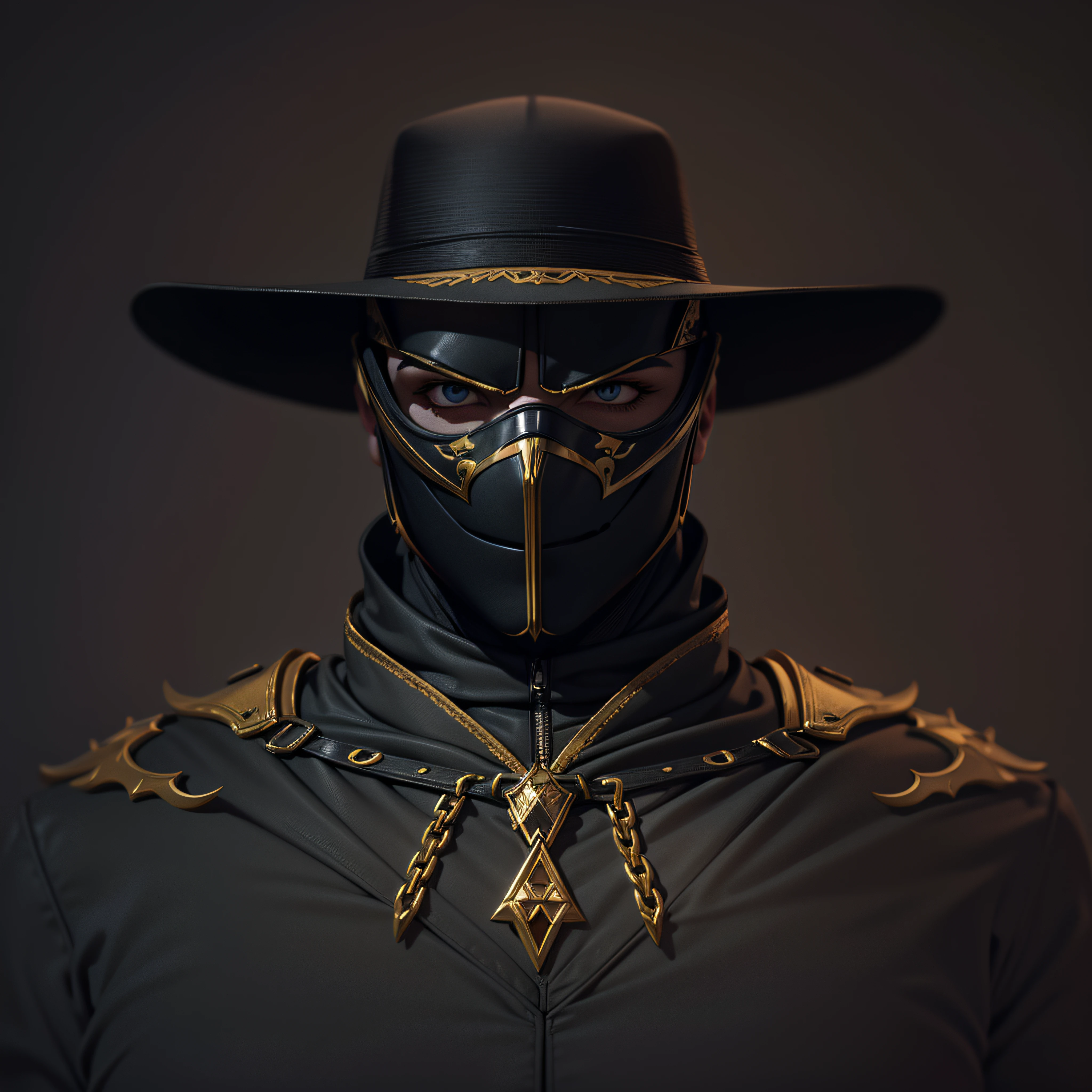"Zorro is an iconic and mysterious hero with his tight black costume, gold details and a black mask. photo-realistic, octane render, unreal engine, ultra-realistic