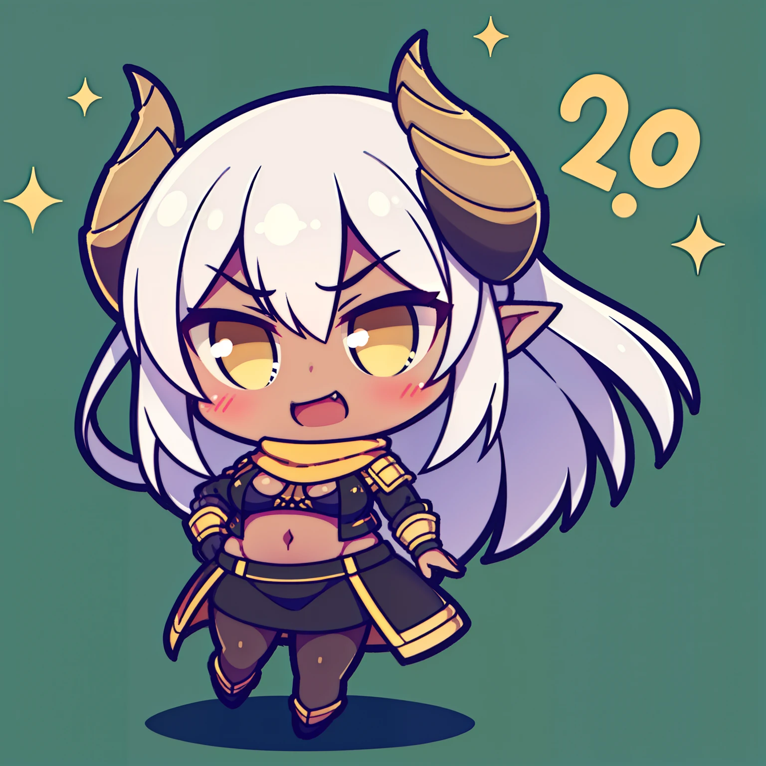 1girl,solo,20s,((dark skin)),show belly,gold armor outfit, black small shirt,long black stockings,white hair,long hair,yellow eyes,elves ears,horns,yellow scarf,black pantyhose,,chibi,full body,green background,shadow below,villain,psycho,villain smile, psychopath, angry,slim body