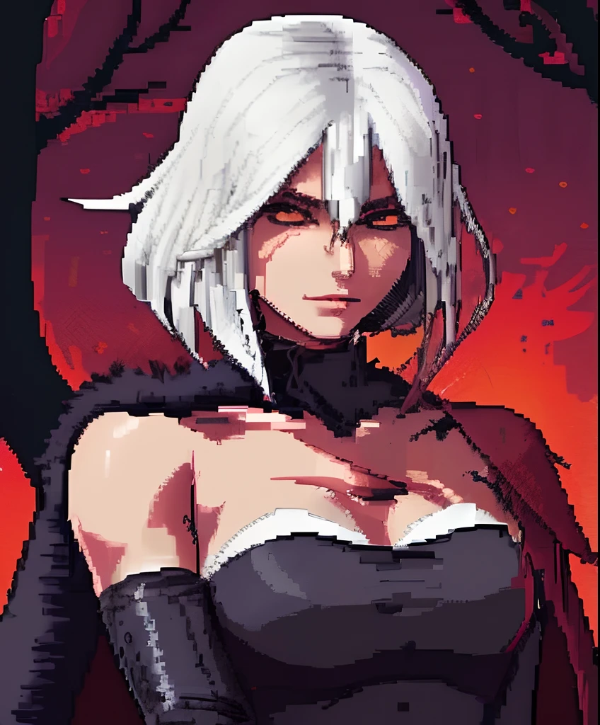 uma mulher em um vestido preto com cabelos brancos e olhos vermelhos, 2 b, 2b, senhora de cabelos brancos, feature, cabelos brancos, bruxa castlevania, divindade de cabelos brancos, pose, #pixelarte:3, portrait of a female anime hero, cabelos brancos, Personagem de videogame Katana Zero, /r/pixelarte