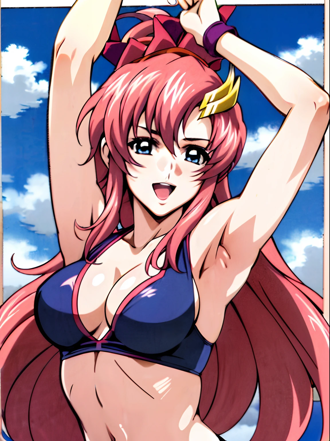 (masterpiece, upper body view, 4K, Best Quality, Anime style: 1.9,, Adult Woman, ultra detailed face, (cloud background, wrestling), Drawing lines, high resolution, Anime, lacus4), 1girl, Solo, curvy figure, Long hair, 鎖骨, scapular, (Detailed wide hair bangs, Hair Ornament, Detailed reddish-pink hair, golden crest), cleavage, large hands, (female wrestler). (Big blue eyes, shiny eyes), ((female wrestler, little biceps, slender body, broad shoulders, closed fists)), ((perfect proportions, medium breasts, long belly)), (((bikini, pink wrestling gear, champion))), happy, smile, open mouth, (standing, looking at the viewer), showing off underarm