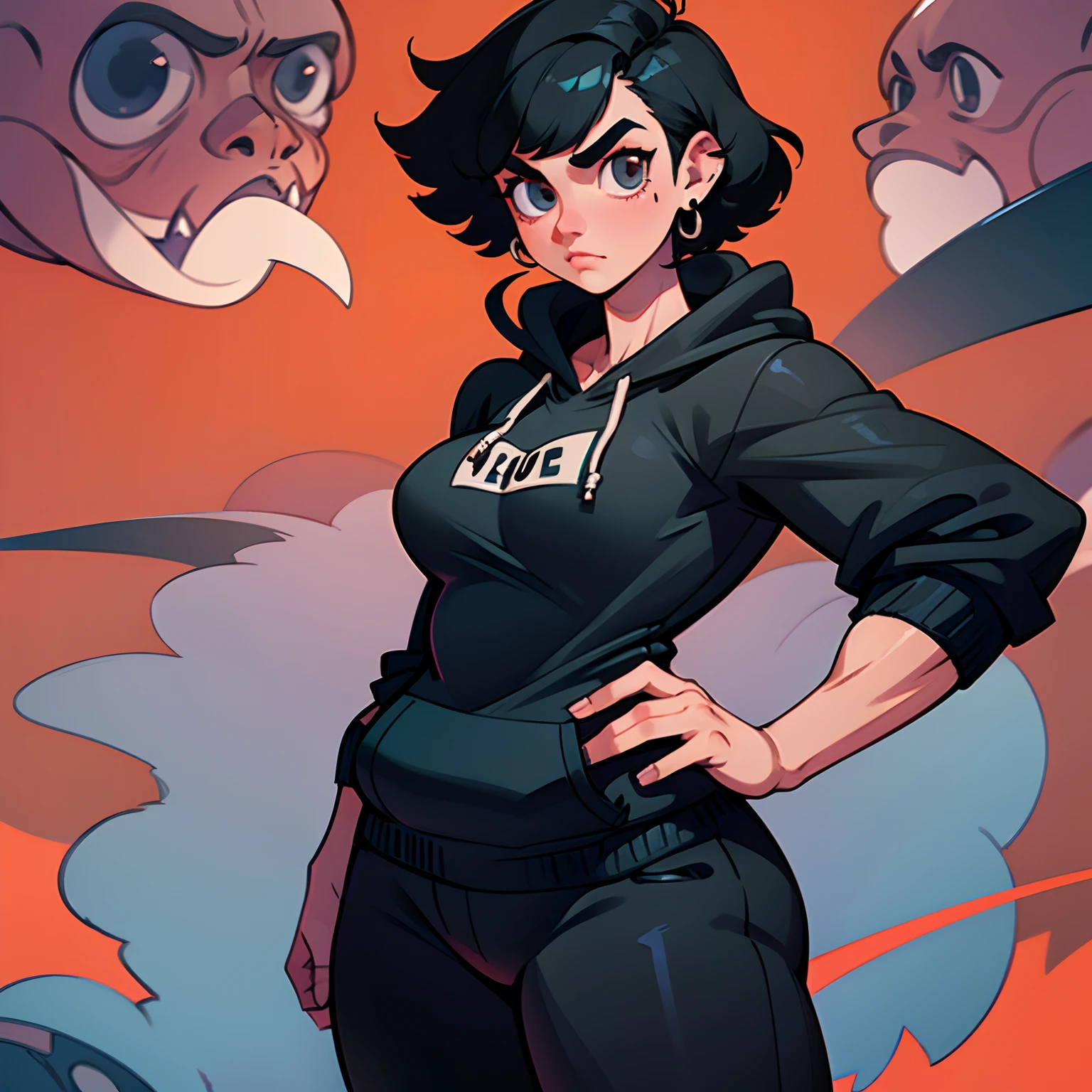 (1woman), (solo), young woman, 20s, (high quality), (high detailed), tomboy, tall height, buffed, muscles, plump, short black hair, nose piercing, black hoodie, (no hands)