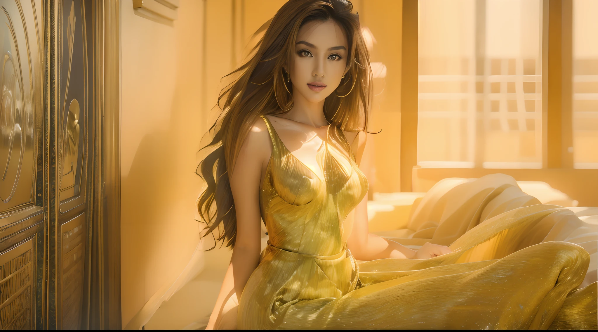 badashanren squishing Venezuelan female supermodel, long hair, pastel yellow gown, tight, undersized upper body portrait, large natural breasts, hyperrealism, highly detailed feminine bedroom background,sunlight ,