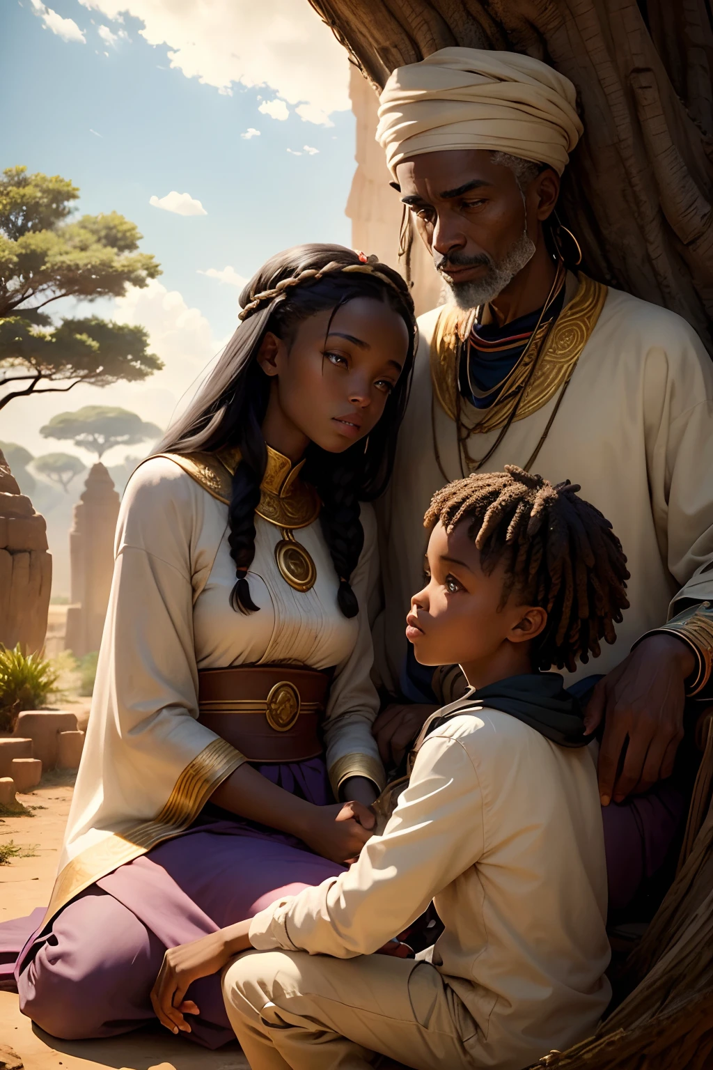 "Contemplez le sage africain assis sous le majestueux baobab, surrounded by her grandchildren, as his gaze penetrates the distant horizon. Evoke the wisdom that emanates from him and imagine the reflections that swirl in his mind regarding the future of Africa. Explore the teachings he shares with his young descendants and the dreams he has for their future, sous l'ombre protectrice de cet arbre ancestral."