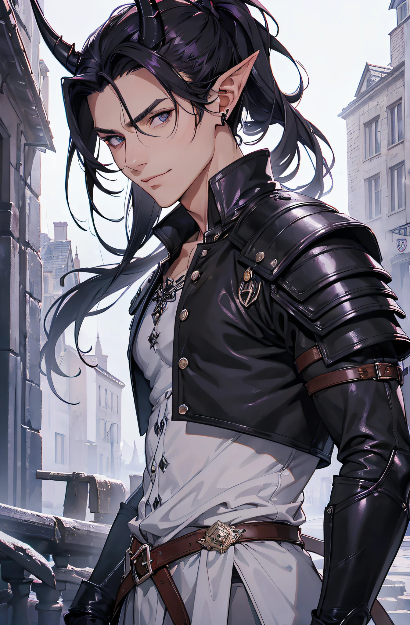 (Meisterwerk), best quality, ultra-high resolution, ((ein Mann)), Junge, masculine, elegant, ausdrucksstarke Augen, Perfektes Gesicht, half body, Blick auf den Betrachter, dutch angle, CowJunge erschossen, (langes schwarzes Haar), Pferdeschwanz, (lila Augenfarbe), langelfenartige Ohren, two long demon horns on their heads, leather armor, Clothing for the Middle Ages, assasin, Dolch, easy smile, detaillierter Hintergrund, Extreme Detailgenauigkeit, 4K