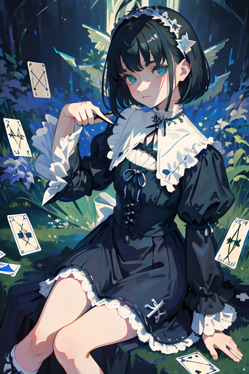 Knees，hand between legs，child，（​masterpiece，Highest Quality），shortsleeves，Blue-green Gothic Lolita，Sleepy face，A dark-haired，Medium bob，utility knife，Small scissors，Pasture，Aurora，starrysky，dark clouds, Night, (Impressionism:1.4), (tarot:1.3), Alphonse Mucha