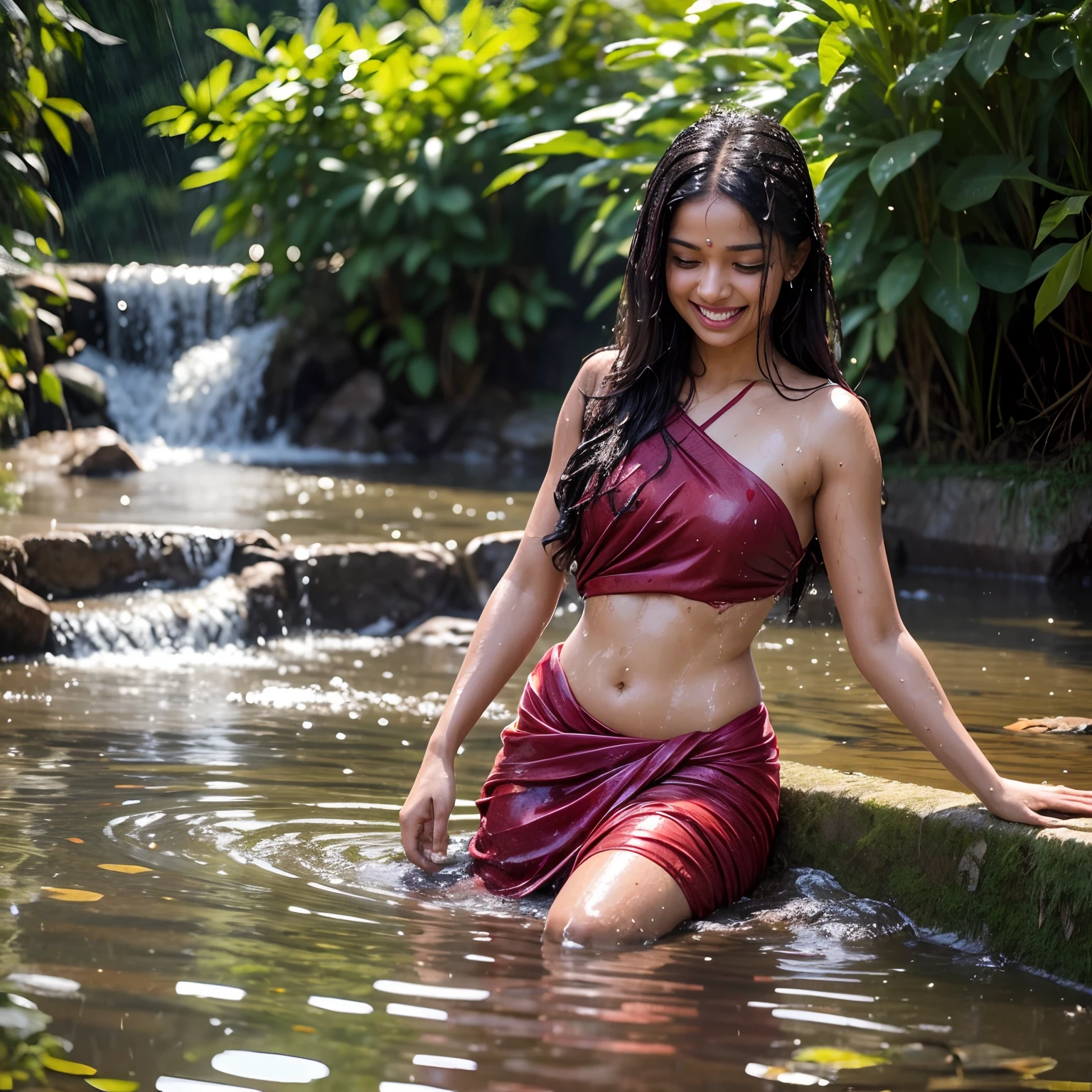 Woman fallen in pond, soaked, drenched, wet clothes, indian, sari, cute, soaked, laughing, wet skin, wet hair, dripping wet, 1girl, solo, in water up to her waist, submerged, bright sunny day, summer heat, humid