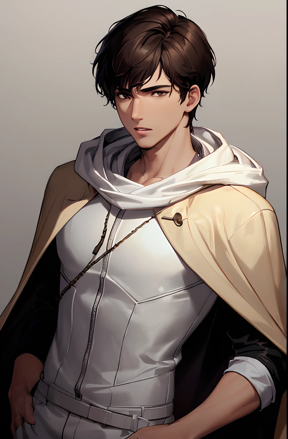 kk, best quality, more details, masterpiece, 1boy, male focus, solo, brown background, An assassin man in a white hooded suit, brown eyes, short hair, black hair, laugh, Looking at viewer, Luxury, 8k, Detail, ray tracing, Depth of field, Cinematic lighting, Simple brown lines, simplified.