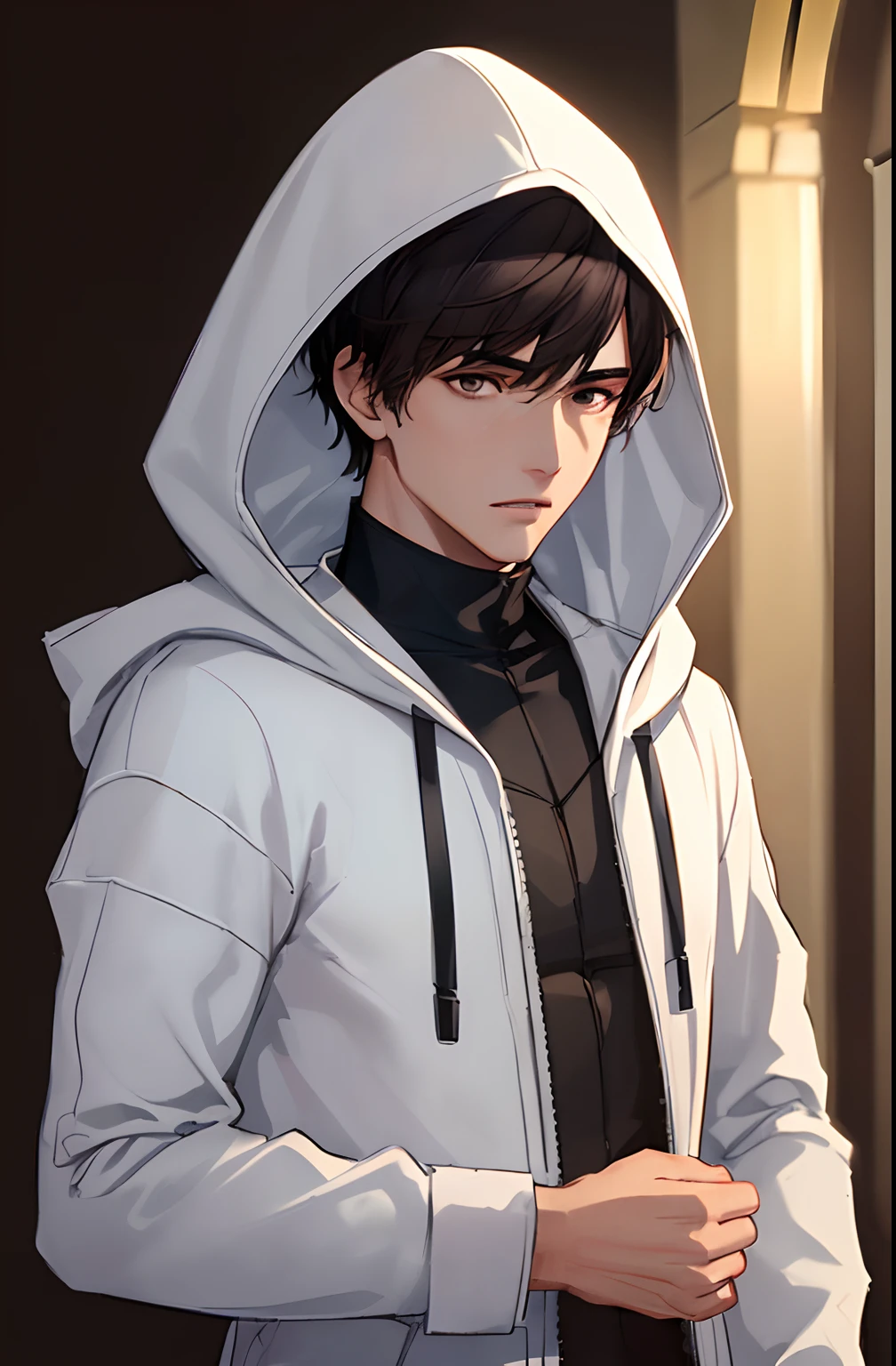 kk, best quality, more details, masterpiece, 1boy, male focus, solo, brown background, An assassin man in a white hooded suit, brown eyes, short hair, black hair, laugh, Looking at viewer, Luxury, 8k, Detail, ray tracing, Depth of field, Cinematic lighting, Simple brown lines, simplified.