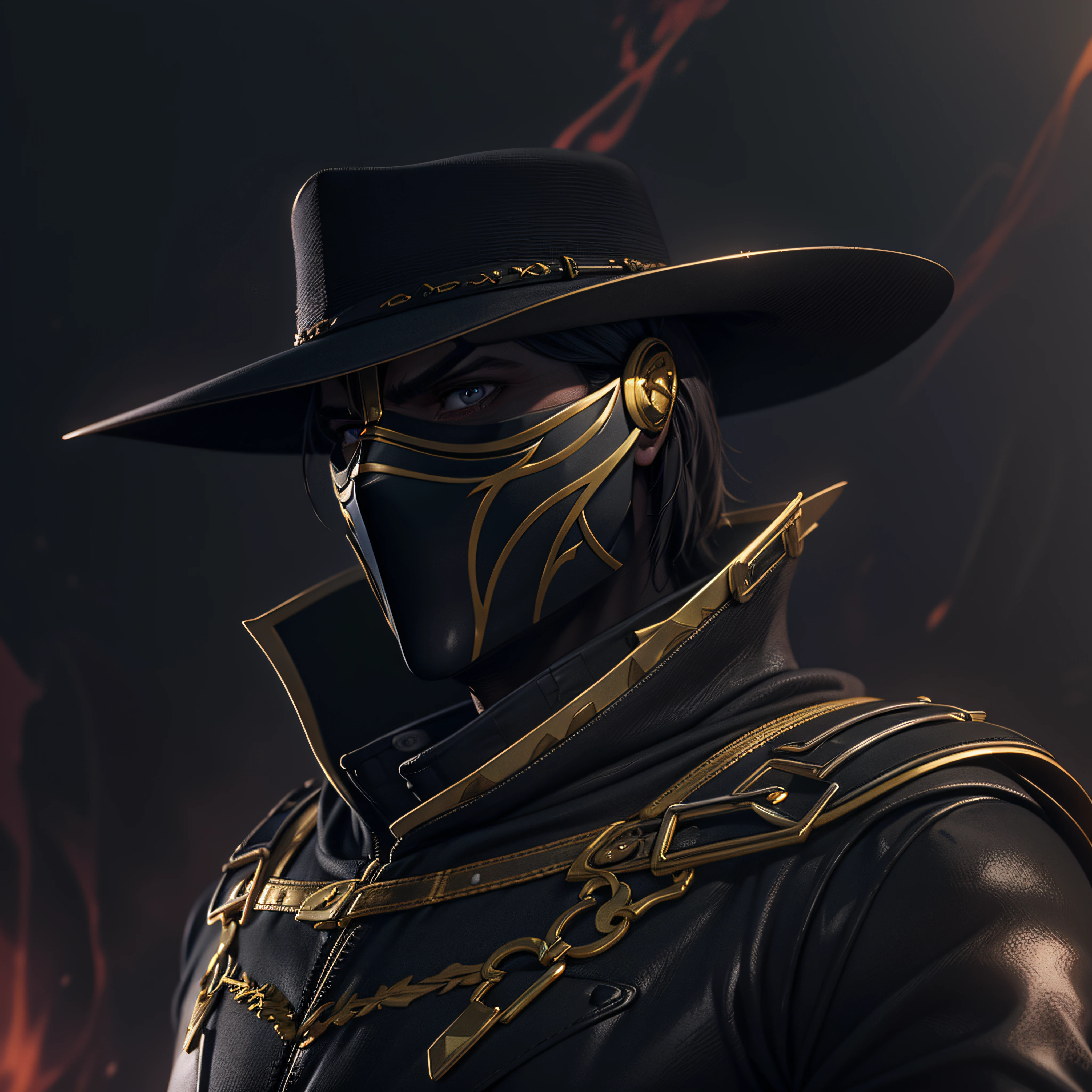 "Zorro is an iconic and mysterious hero with his tight black costume, gold details and a black mask. photo-realistic, octane render, unreal engine, ultra-realistic