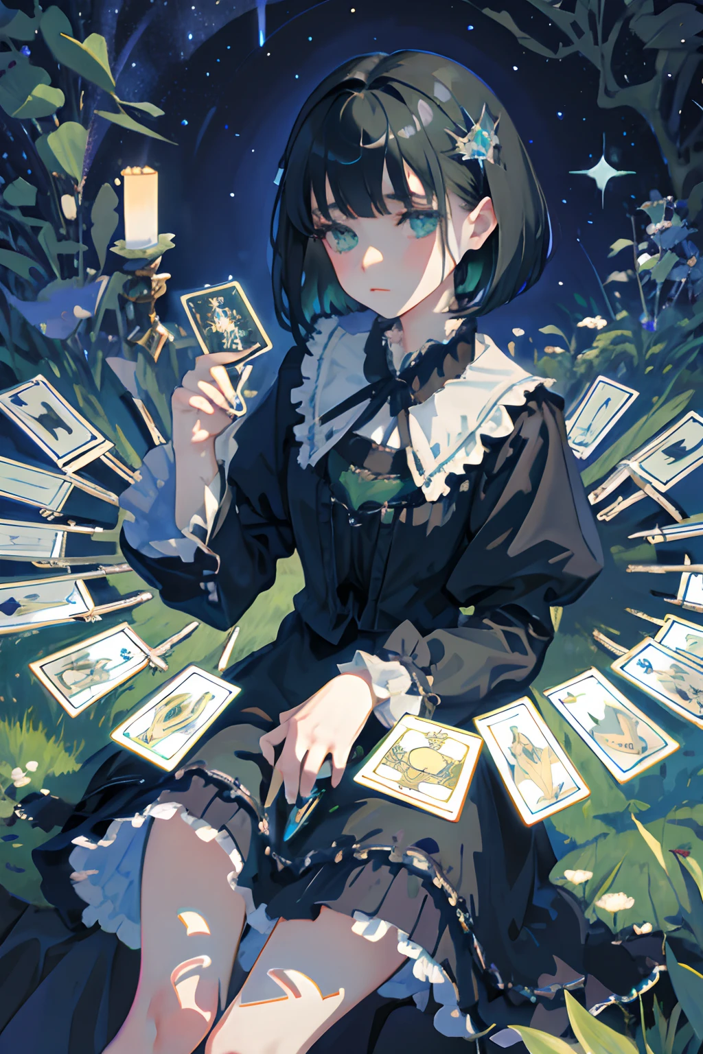 Knees，hand between legs，child，（​masterpiece，Highest Quality），shortsleeves，Blue-green Gothic Lolita，Sleepy face，A dark-haired，Medium bob，utility knife，Small scissors，Pasture，Aurora，starrysky，dark clouds, Night, (Impressionism:1.4), (tarot:1.3), Alphonse Mucha