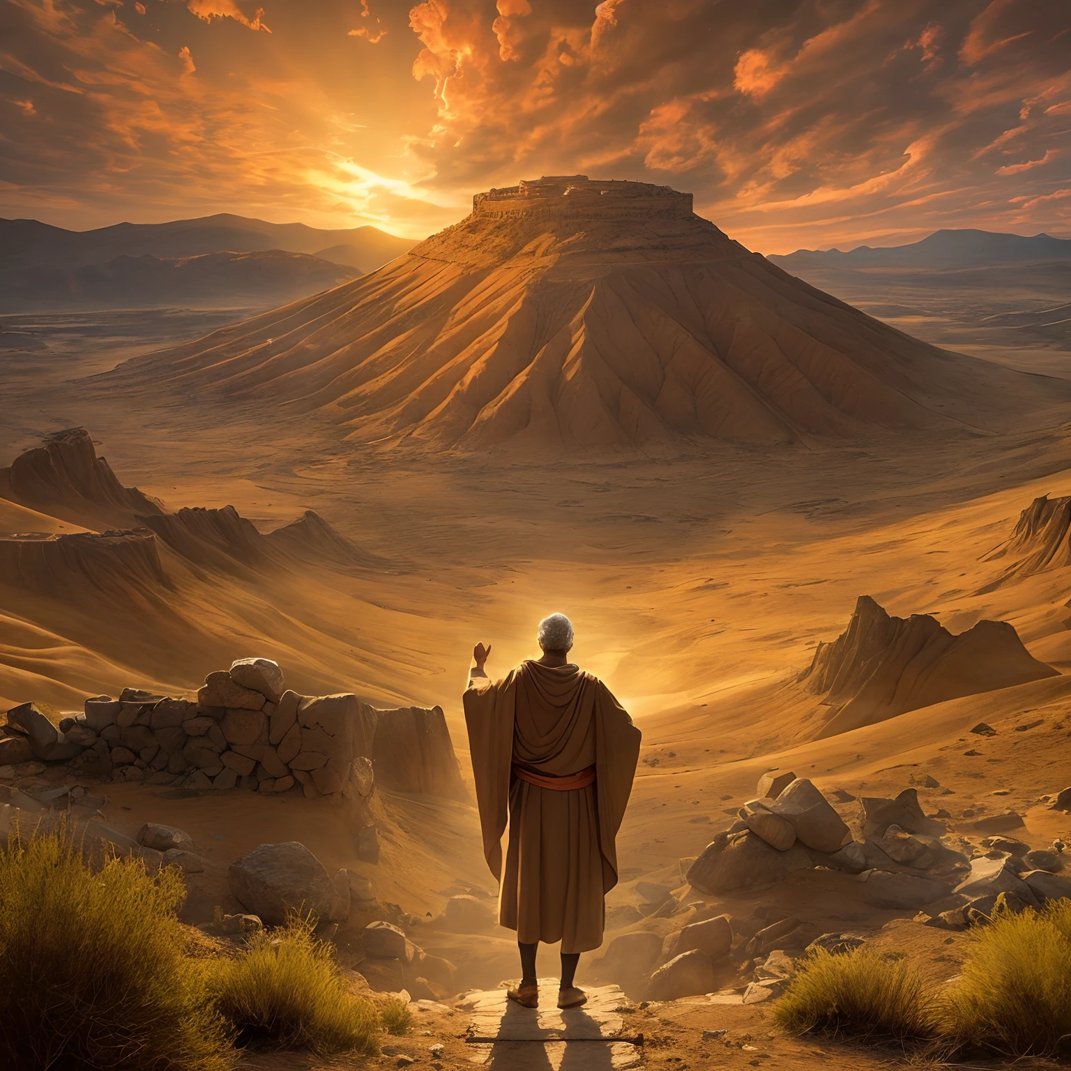 Moses before the burning full bush on Mount Horeb. Moses is an old man dressed as a shepherd. The bush is on bright, vibrant flames, but it is not consumed by fire. Moses looks with amazement and admiration at the bush. The surrounding environment is mountainous and desert, with the sun setting and illuminating the scene with an orange light. This image represents the moment when Moses is called by God to deliver the people of Israel.