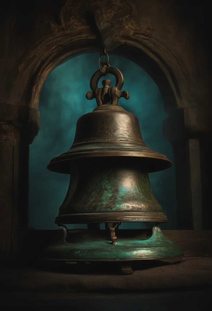 create an image of a haunted bell, with light blue and green  colors, it looks old