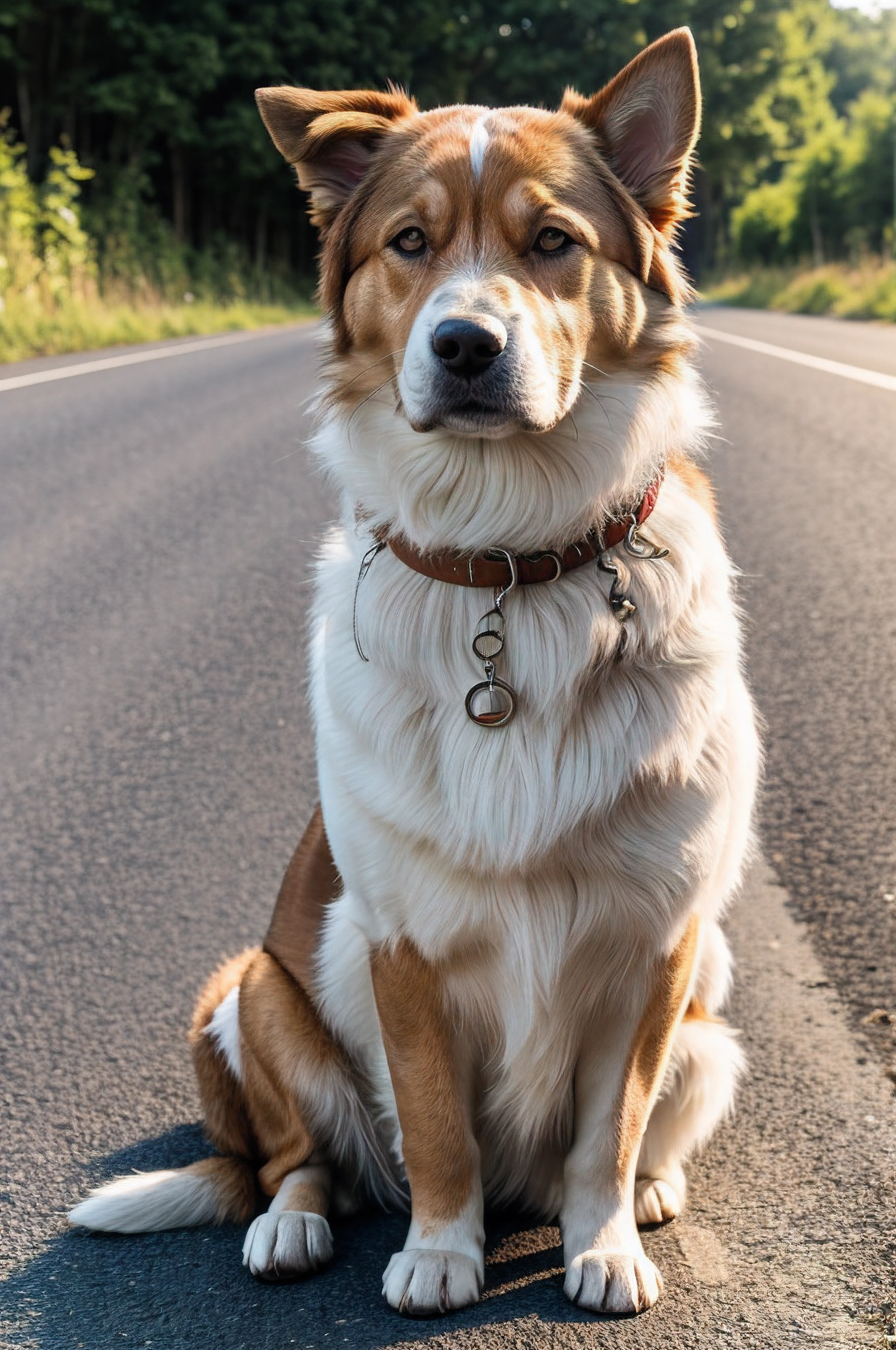 ulra high quality, high detail, the dog is sitting on the road, summer, the sun is shining, soft light, high detail of the environment and nature, sharp photo, high fur details, perfect fur, has very short fur,
