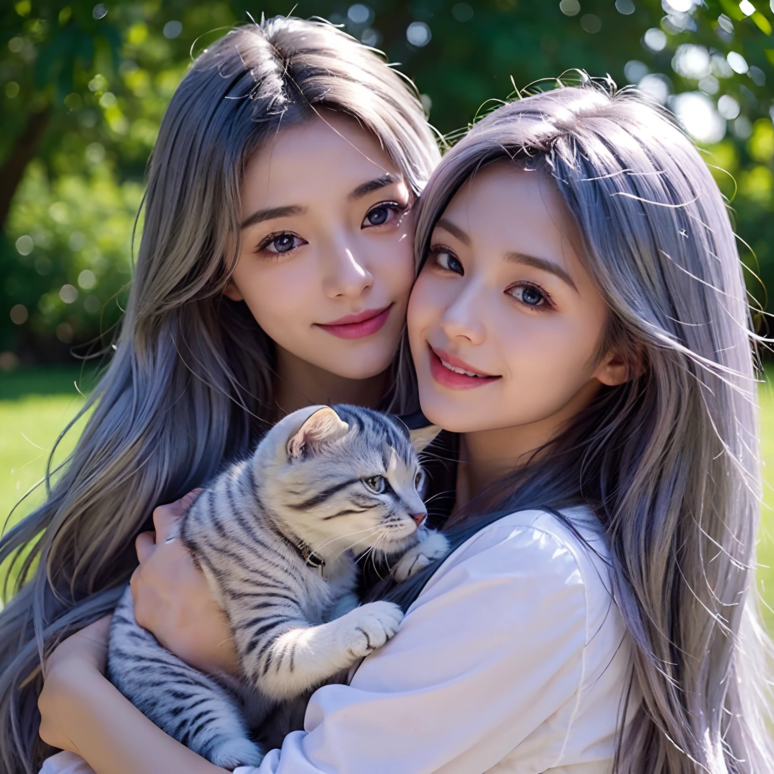 Here is an example of an AI image prompt。。:
「Beautiful woman like realistic photo、Has double patchy purple eyes、Smiling gracefully with long silver hair、Generate images depicting an adorable kitten cuddling scene。Women's eyes glow dark purple、Long silver hair flutters gracefully in the wind。Kittens with fluffy fur、It's full of cuteness。The background is a bright area with natural light、It's a heartwarming atmosphere。」
