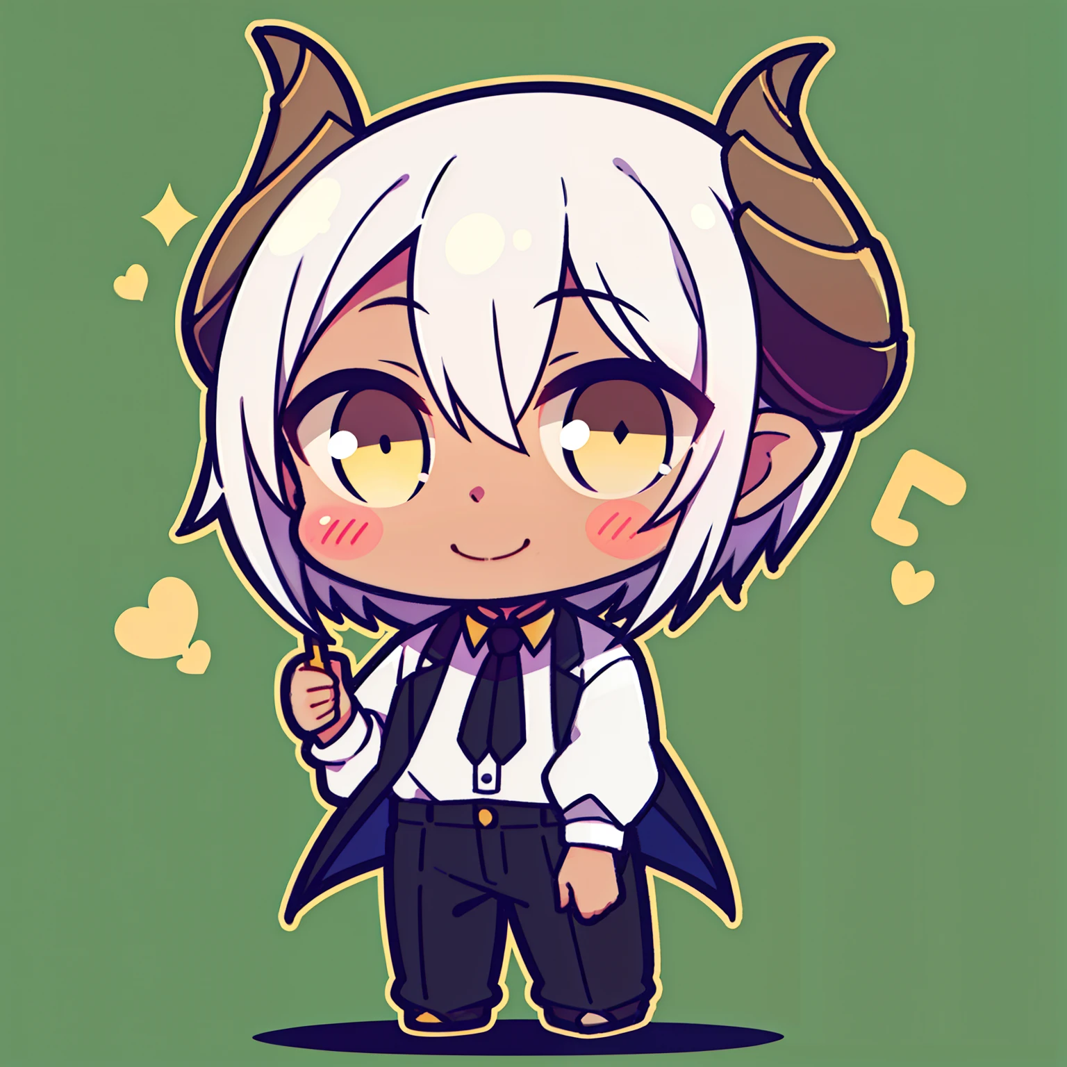 1boy,solo,20s,smile,((dark skin)),white shirt,black pants,black tie,white hair,short hair,yellow eyes,elve ear,horns,chibi,full body,green background,