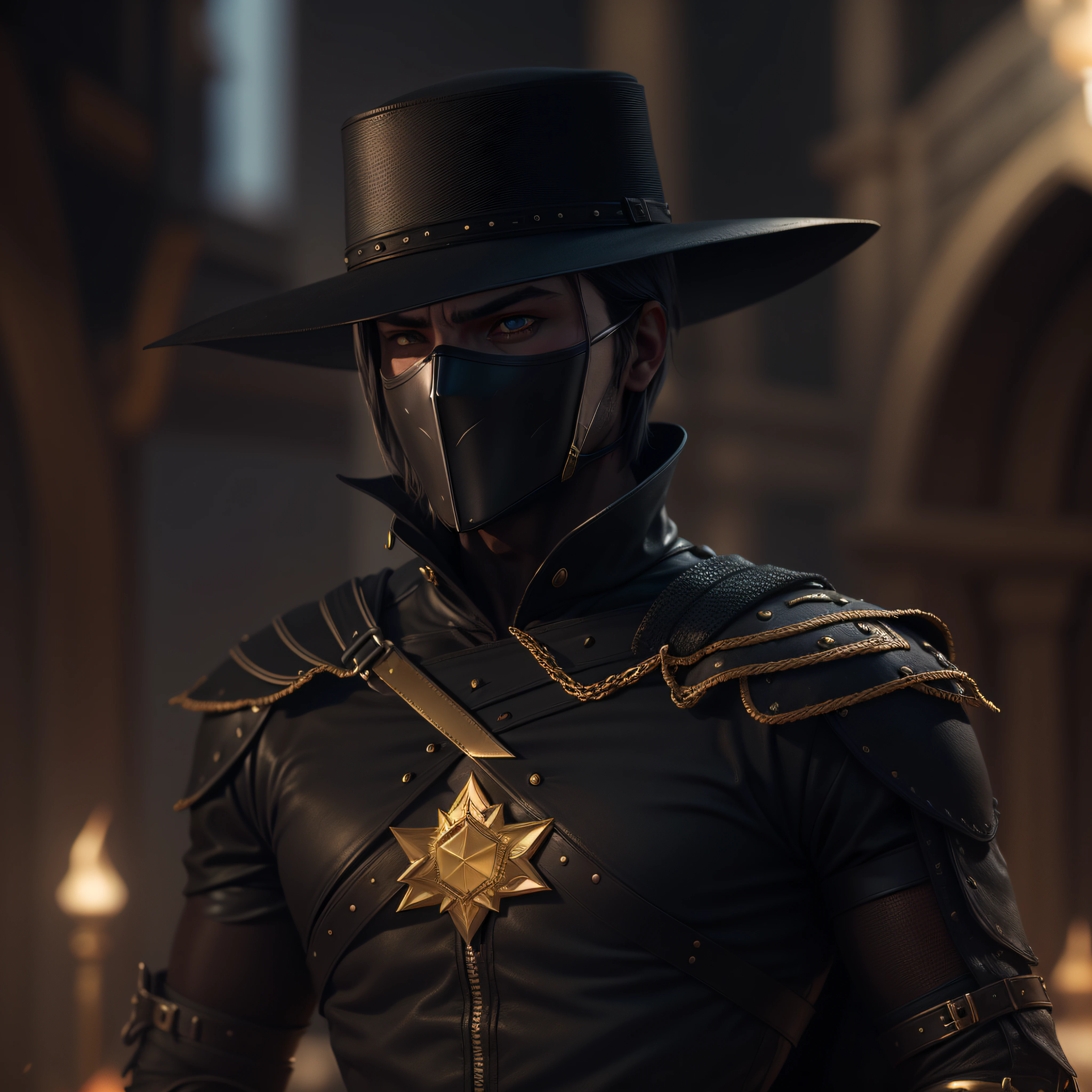 "Zorro is an iconic and mysterious hero with his tight black costume, gold details and a black mask. photo-realistic, octane render, unreal engine, ultra-realistic