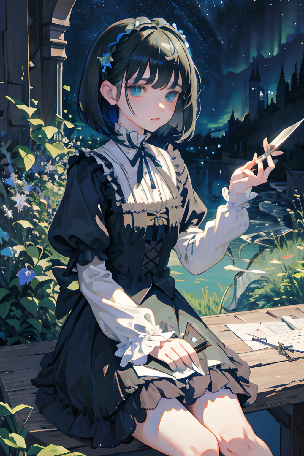 Knees，hand between legs，，（​masterpiece，Highest Quality），shortsleeves，Blue-green Gothic Lolita，Sleepy face，A dark-haired，Medium bob，utility knife，Small scissors，Pasture，Aurora，starrysky，dark clouds, Night, (Impressionism:1.4), , Alphonse Mucha