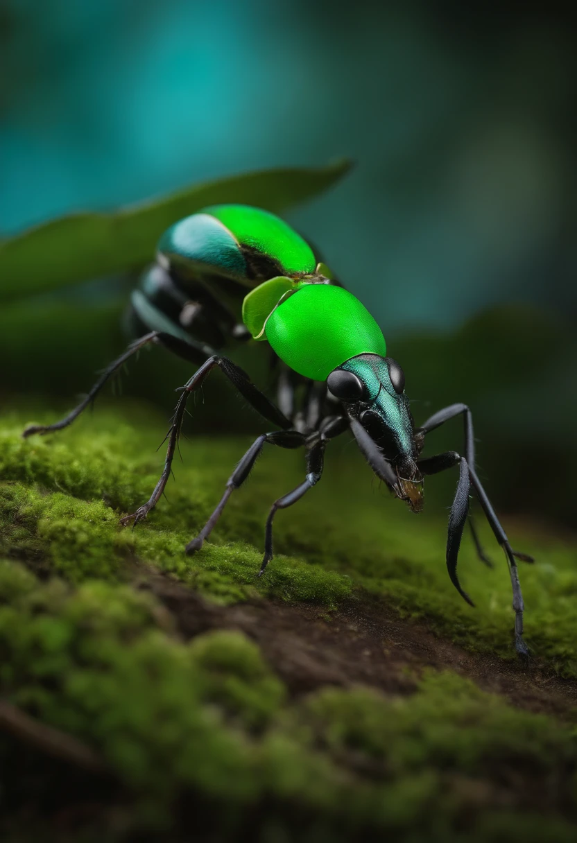 Create an image of and OLD Haunted with the color green and light blue. It's a huge bell ant it's floating
