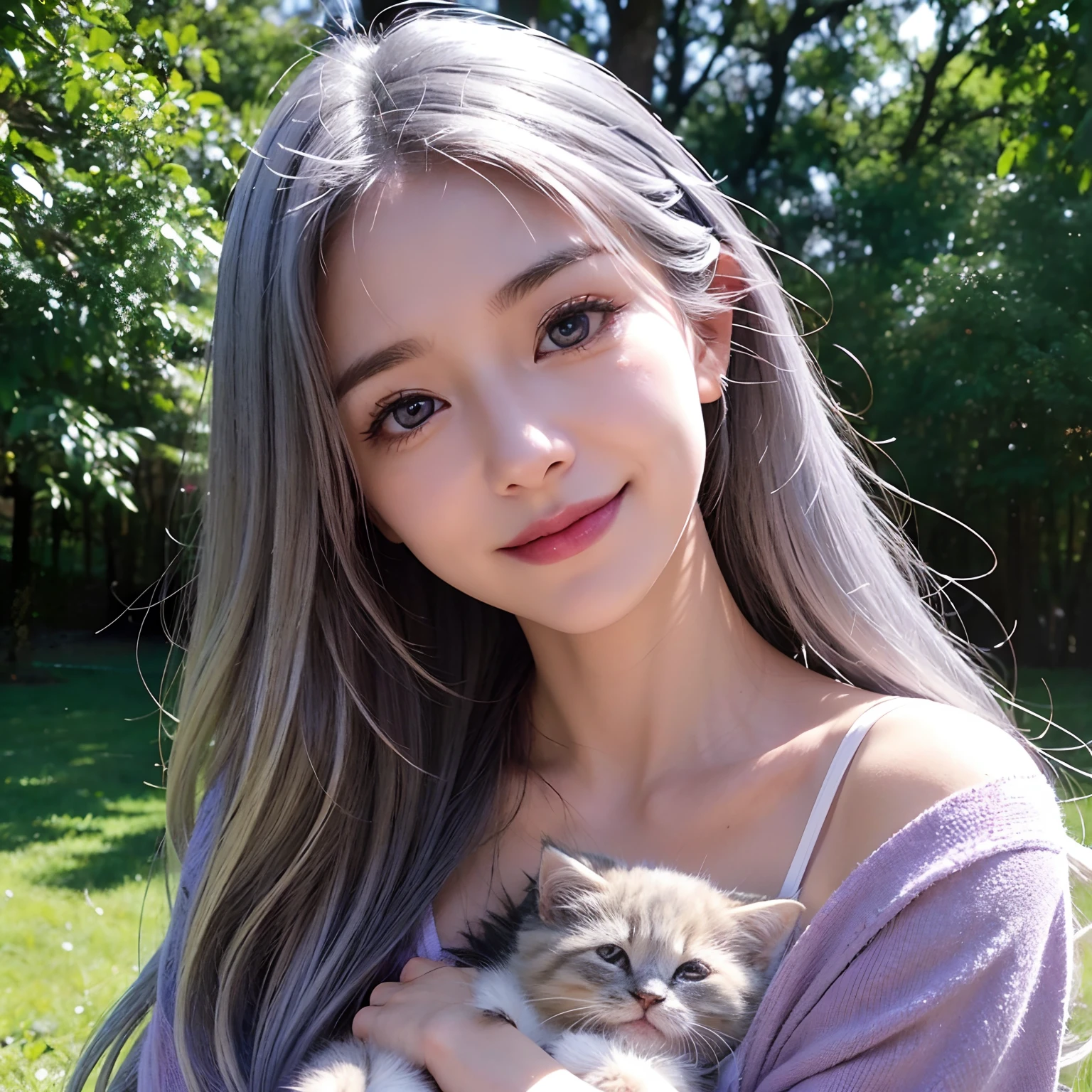 Here is an example of an AI image prompt。。:
「Beautiful woman like realistic photo、Has double patchy purple eyes、Smiling gracefully with long silver hair、Generate images depicting an adorable kitten cuddling scene。Women's eyes glow dark purple、Long silver hair flutters gracefully in the wind。Kittens with fluffy fur、It's full of cuteness。The background is a bright area with natural light、It's a heartwarming atmosphere。」