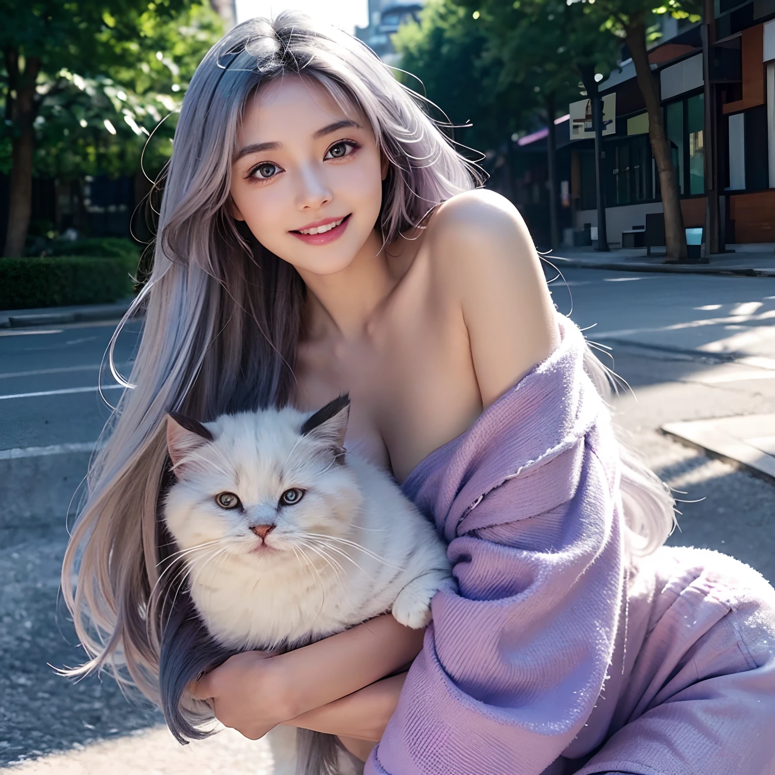 Here is an example of an AI image prompt。。:
「Beautiful woman like realistic photo、Has double patchy purple eyes、Smiling gracefully with long silver hair、Generate images depicting an adorable kitten cuddling scene。Women's eyes glow dark purple、Long silver hair flutters gracefully in the wind。Kittens with fluffy fur、It's full of cuteness。The background is a bright area with natural light、It's a heartwarming atmosphere。」