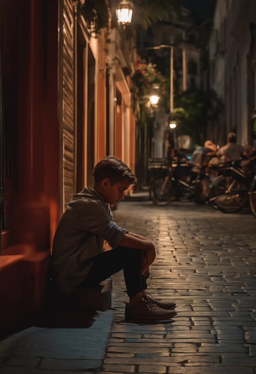 Boy sitting on the sidewalk with his head between his knees,triste cidade a noite,8k