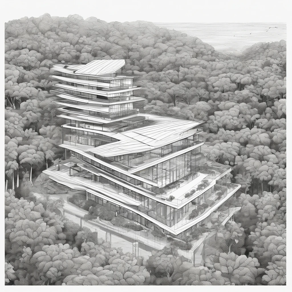 Bird eye view of a future building in the middle of the jungle, masterpiece, epic quality, 8k, cinematic