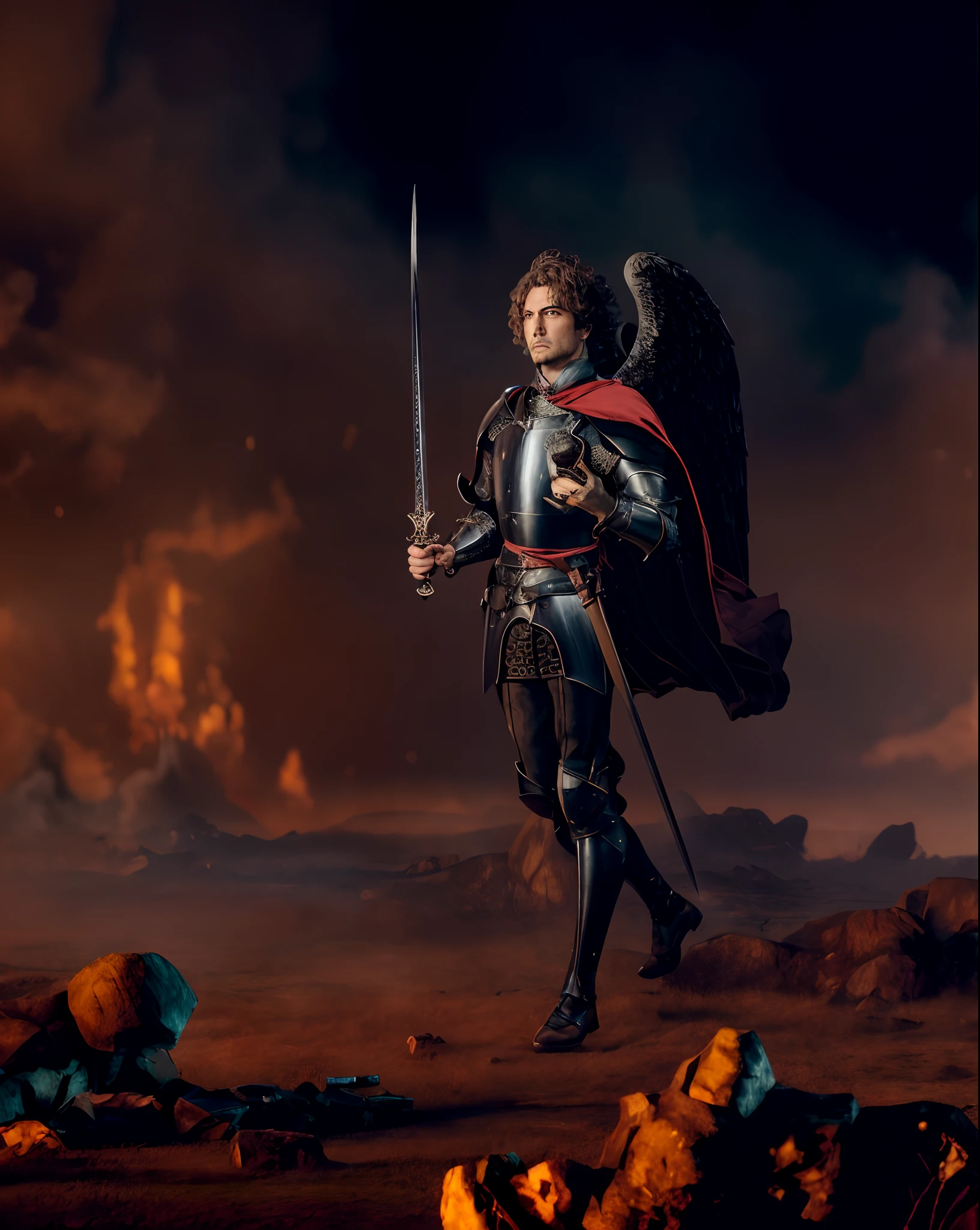 There is a man in armor holding a sword and a sword, angel in plastic armor, Arcanjo Miguel, full portrait of magical knight, Fantasia De Alta Qualidade Foto Stock, saint michael the angel, anthropomorphic raven knight, steel inquisitor from mistborn, (octan render) estilo fantasia, angel knight gothic girl, imagem de paladino, 4k