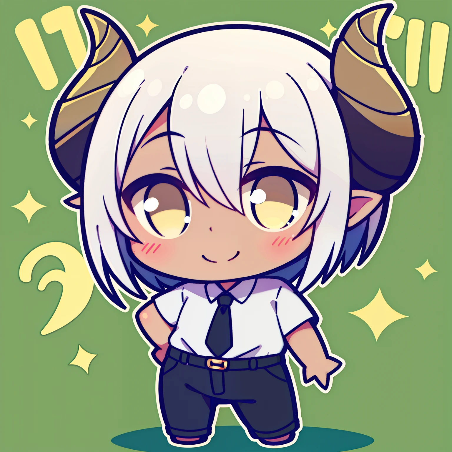 1boy,solo,20s,smile,((dark skin)),white shirt,black pants,white hair,short hair,yellow eyes,elve ear,horns,chibi,full body,green background,