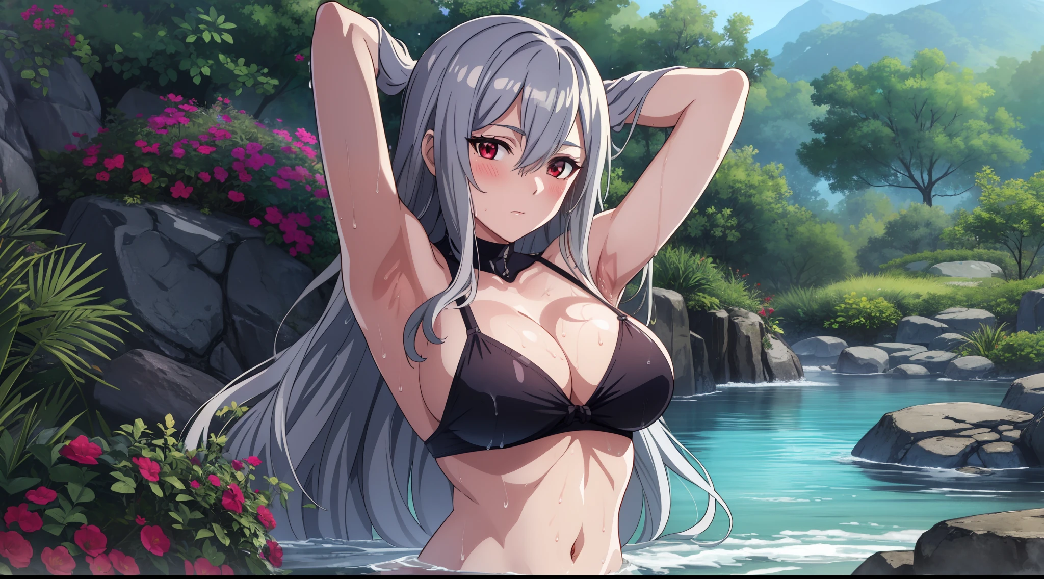 2D, HD, Detailed details, Detailed landscapes, beautiful lights, Beautiful Shadows, top-quality, Highly detailed, masterpiece, best quality, highres, skadi, no hat, gray hair, red eyes, large breast, long hair, blush, closed mouth, navel, looking at viewer, anime, full body, armpits, stomach, highly detailed eyes, cleavage, arms behind back, highly detailed face, anime styled, wet clothes, sea