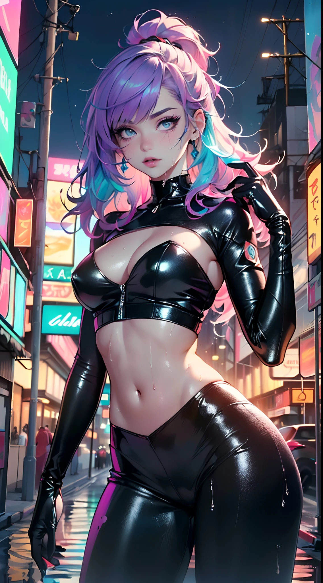 cute cartoon girl,(((1girl))),((extremely cute cartoon girl with liquid paint hair)),

(large breasts:1.4),(((very long hair,absurdly long hair,hair down to the waist,liquid paint hair:1.1,neon purple hair|neon pink hair|neon blue hair|neon aqua hair|purple hair|fuchsia hair|fluorescent blue hair|amethyst hair|neon hair|bright pink hair :1.5,bright hair: 1.3,hair made of paint and defies gravity,thick flowing,paint splatter:1.3,shiny hair: 1.3,vibrant colored hair))),((heterochromia:1.5, (purple_eye and pink_eye))),intricate eyes,beautiful detailed eyes,symmetrical eyes,((fat)),(((lustrous skin:1.5,bright skin: 1.5,skin tanned,shiny skin,very shiny skin,shiny body,plastic glitter skin,exaggerated shiny skin,illuminated skin,wet legs))),(spider lower abdomen,narrow waist,wide hip,athletic body,inflated legs,detailed body,(detailed face)),

cute,slutty,seductive,erotic,(nsfw)

(((liquid paint clothes,clothes made of liquid paint,body paint))),underboob,with liquid paint micro clothes,body paint,dripping paint,liquid pain tiny thong,bare legs,((wet liquid paint clothes,detailed outfit,detailed liquid paint clothes)),

(dynamic pose:1.0),solo focus,embarrassed,(centered,scale to fit dimensions,Rule of thirds),

cyberpunk city by the ocean at night, with bright neon signs and dark stormy clouds and puddles, scenery:1.25,

highres, sharp focus, (ultra detailed, extremely detailed), (photorealistic artwork:1.37),(extremely detailed CG unity 8k wallpaper),((synthwave background theme)),(((vibrant colors))),(intricate background),(masterpiece),(best quality),